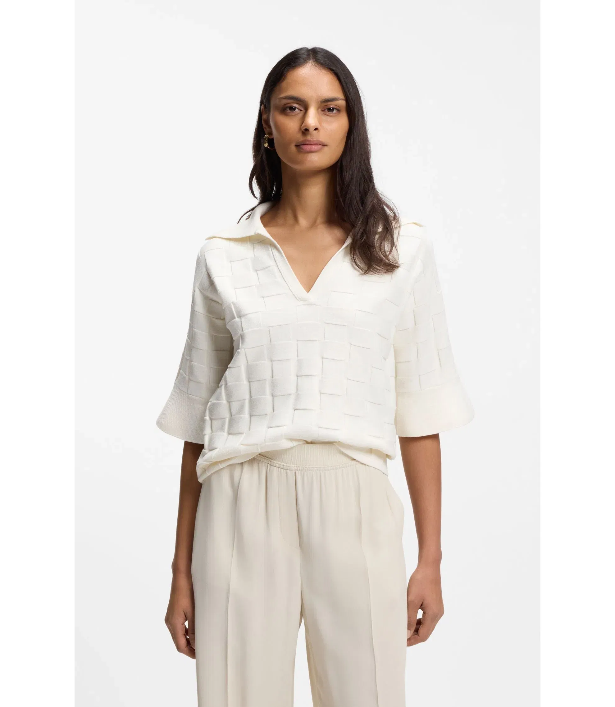 Boss Check Texture Sweater With Johnny Collar White Women's