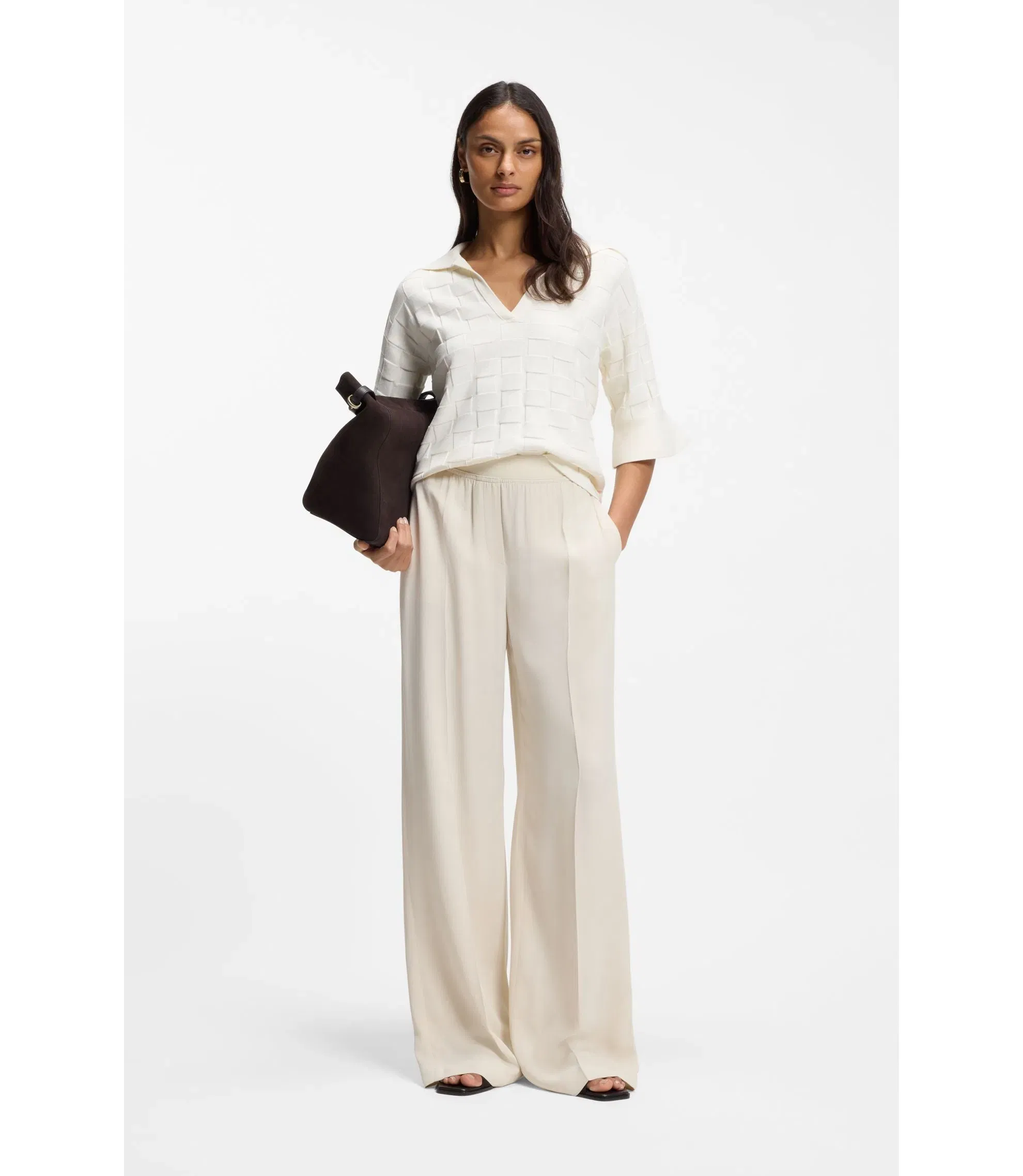 Boss Check Texture Sweater With Johnny Collar White Women's