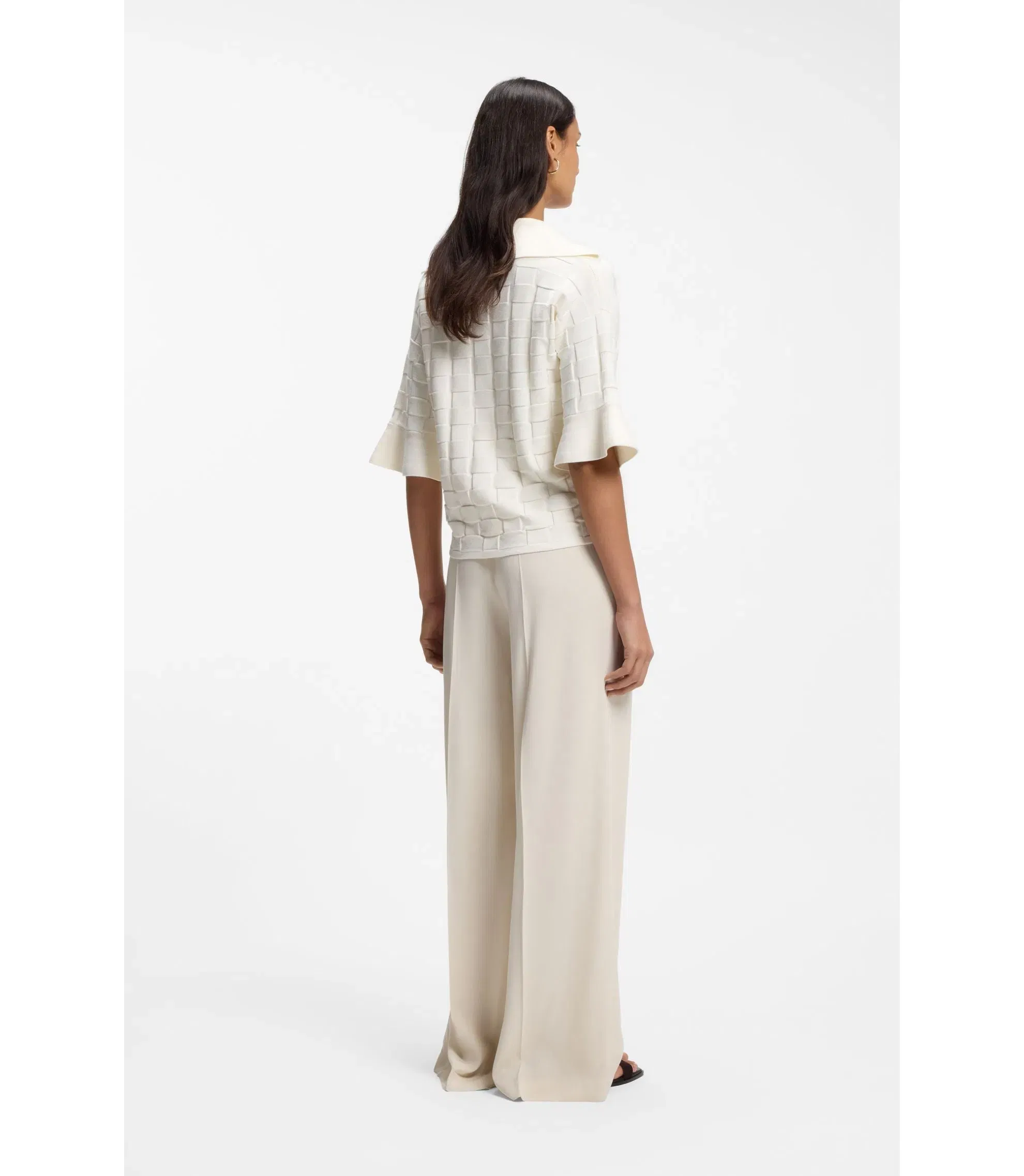Boss Check Texture Sweater With Johnny Collar White Women's