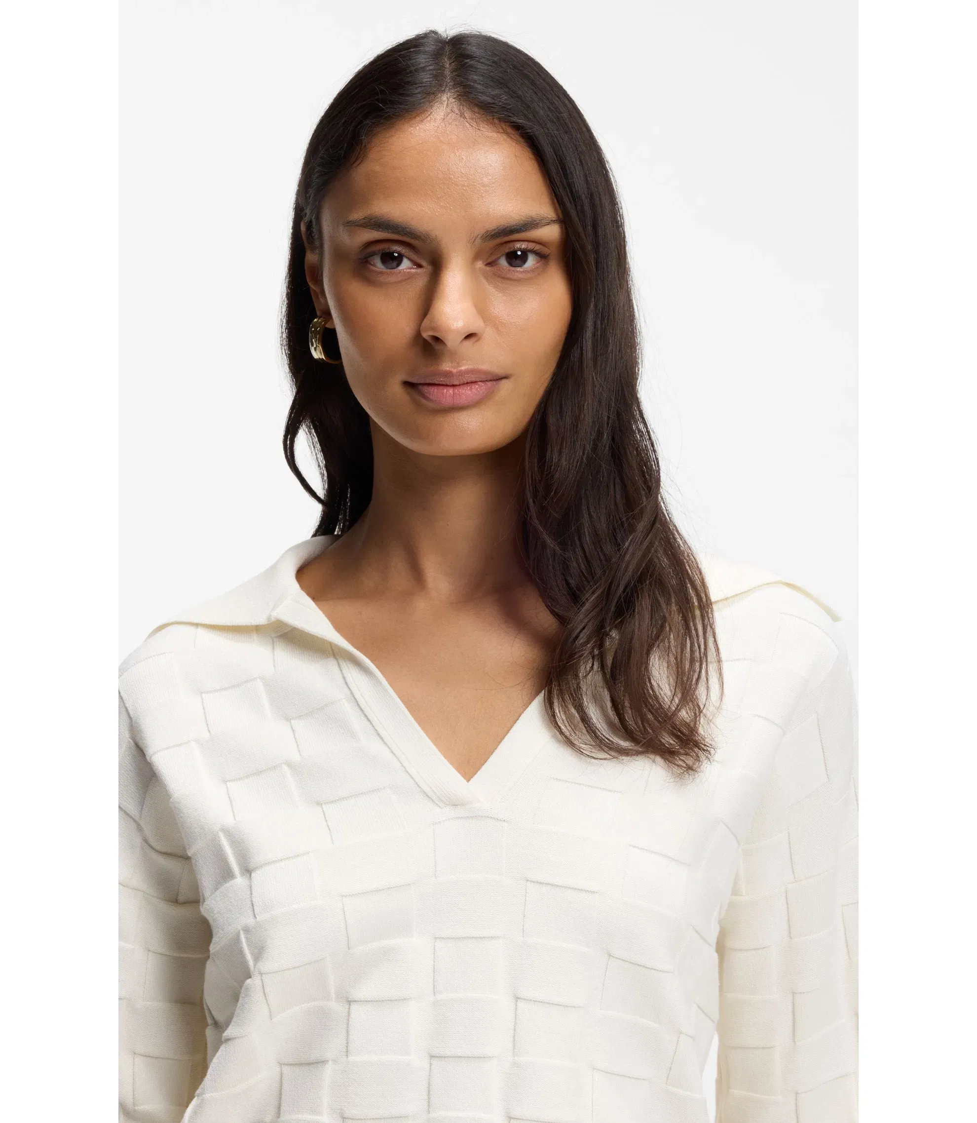 Boss Check Texture Sweater With Johnny Collar White Women's
