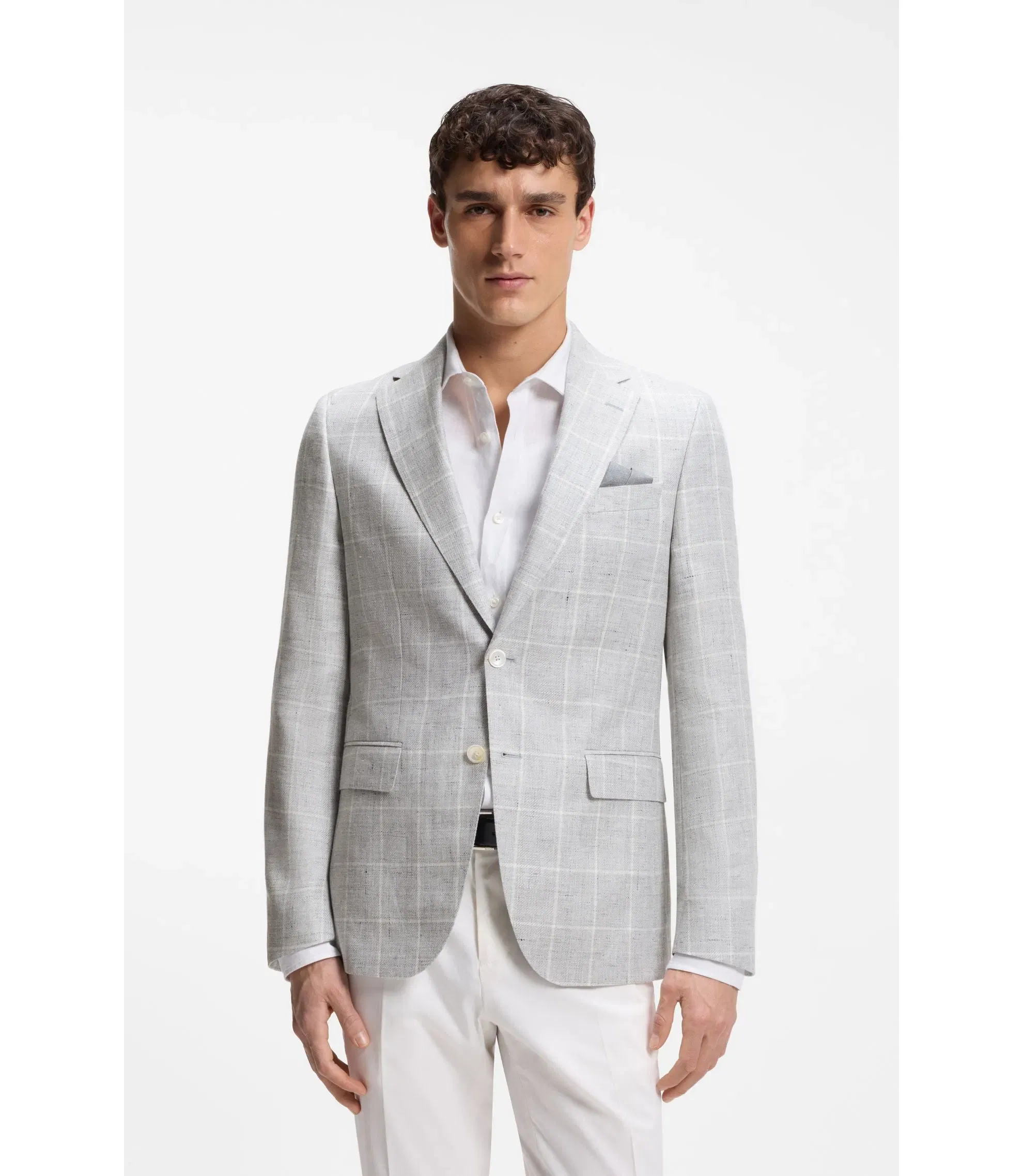 Boss Checked Slim Fit Jacket In Linen And Virgin Wool Light Grey