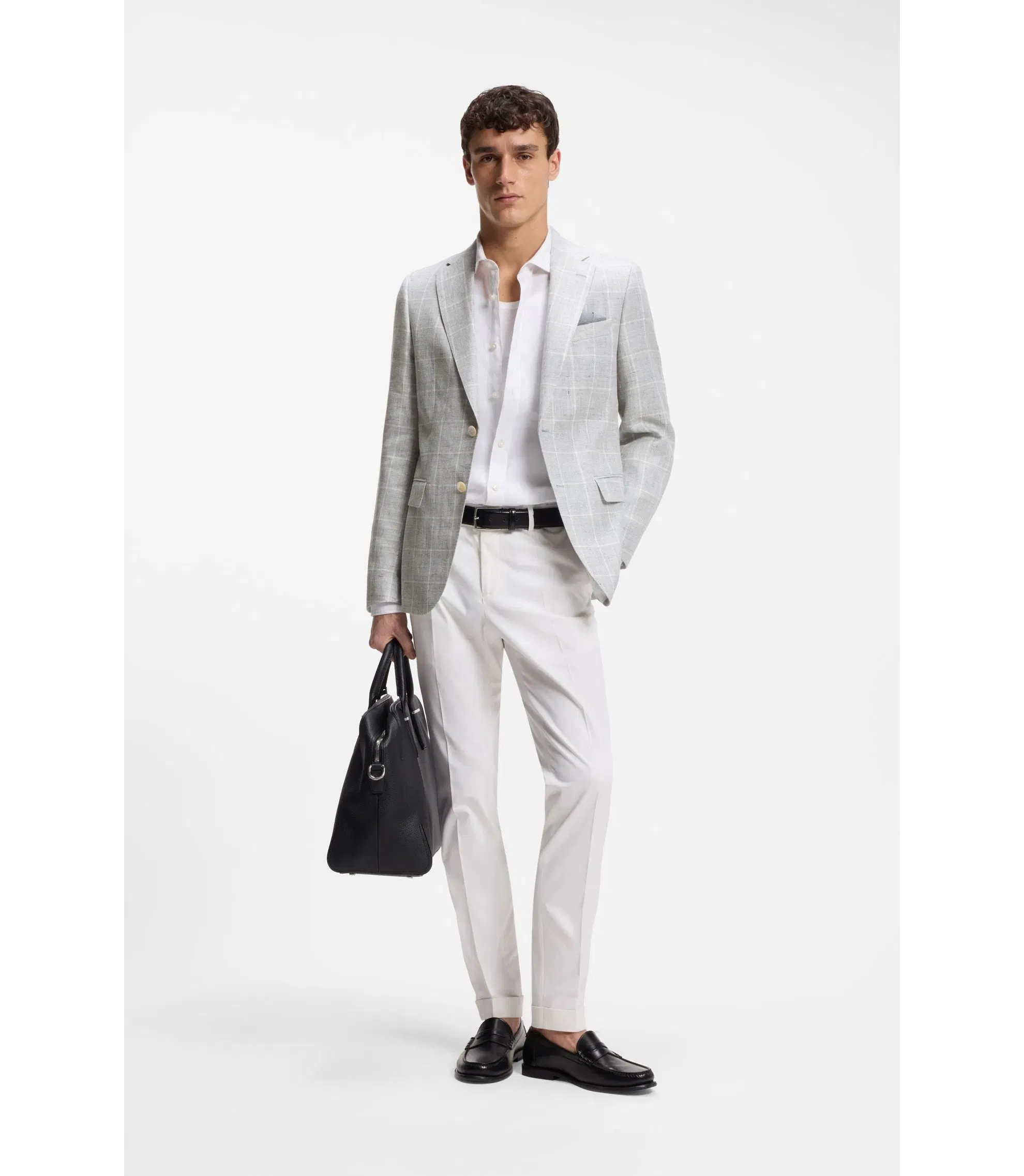 Boss Checked Slim Fit Jacket In Linen And Virgin Wool Light Grey