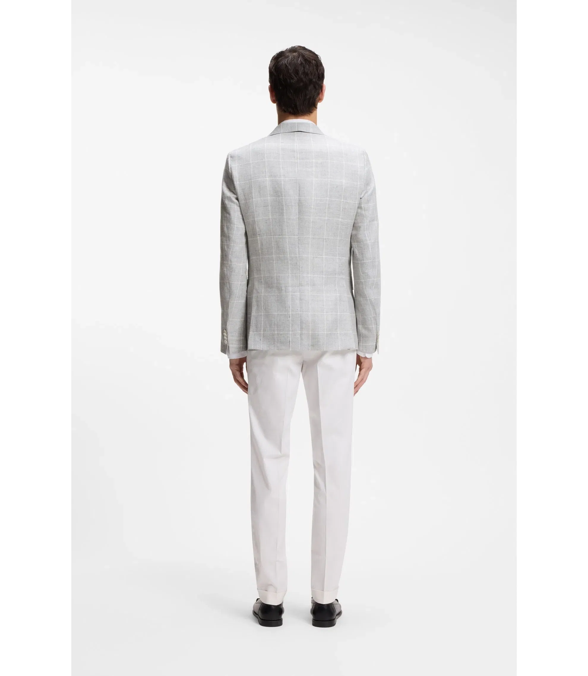Boss Checked Slim Fit Jacket In Linen And Virgin Wool Light Grey