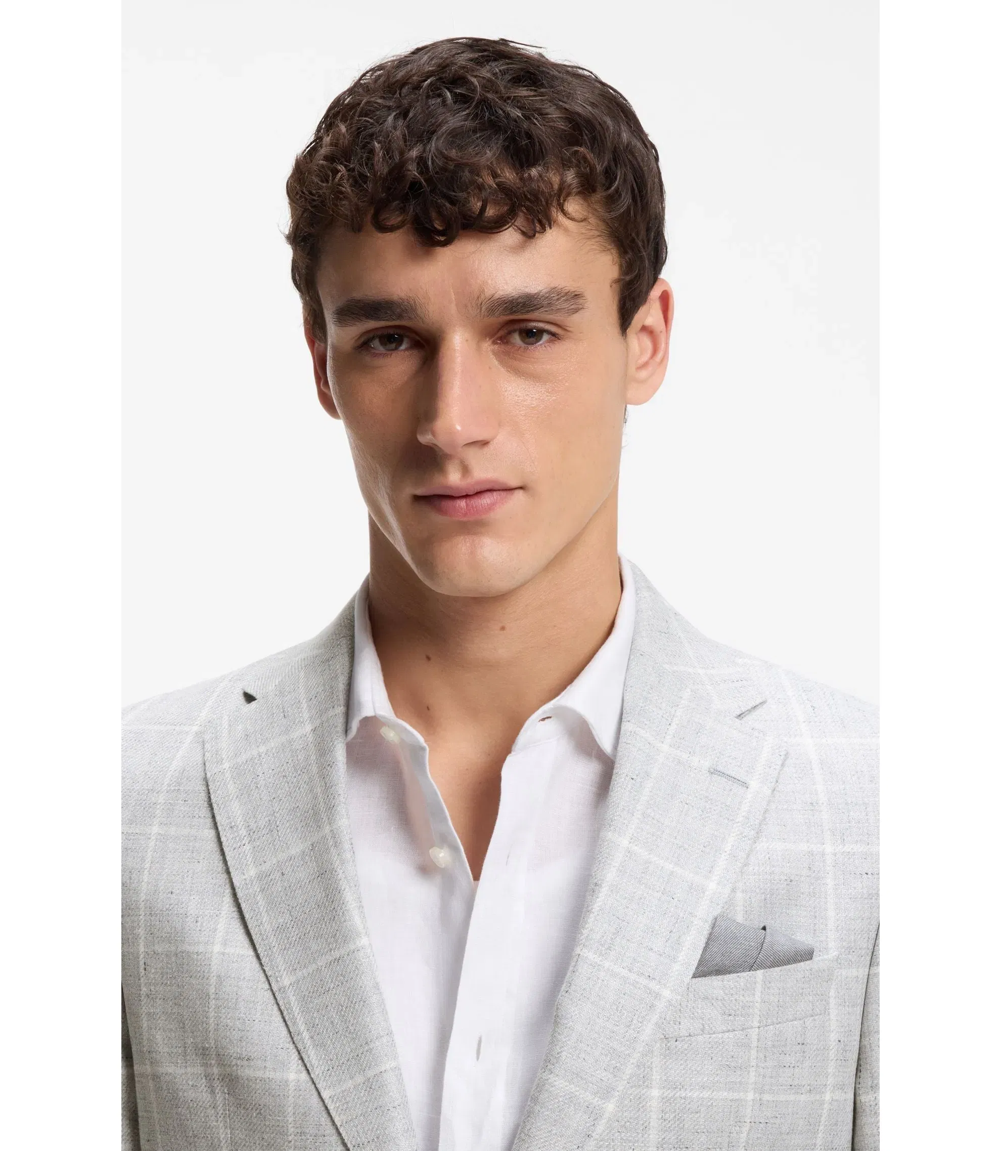Boss Checked Slim Fit Jacket In Linen And Virgin Wool Light Grey