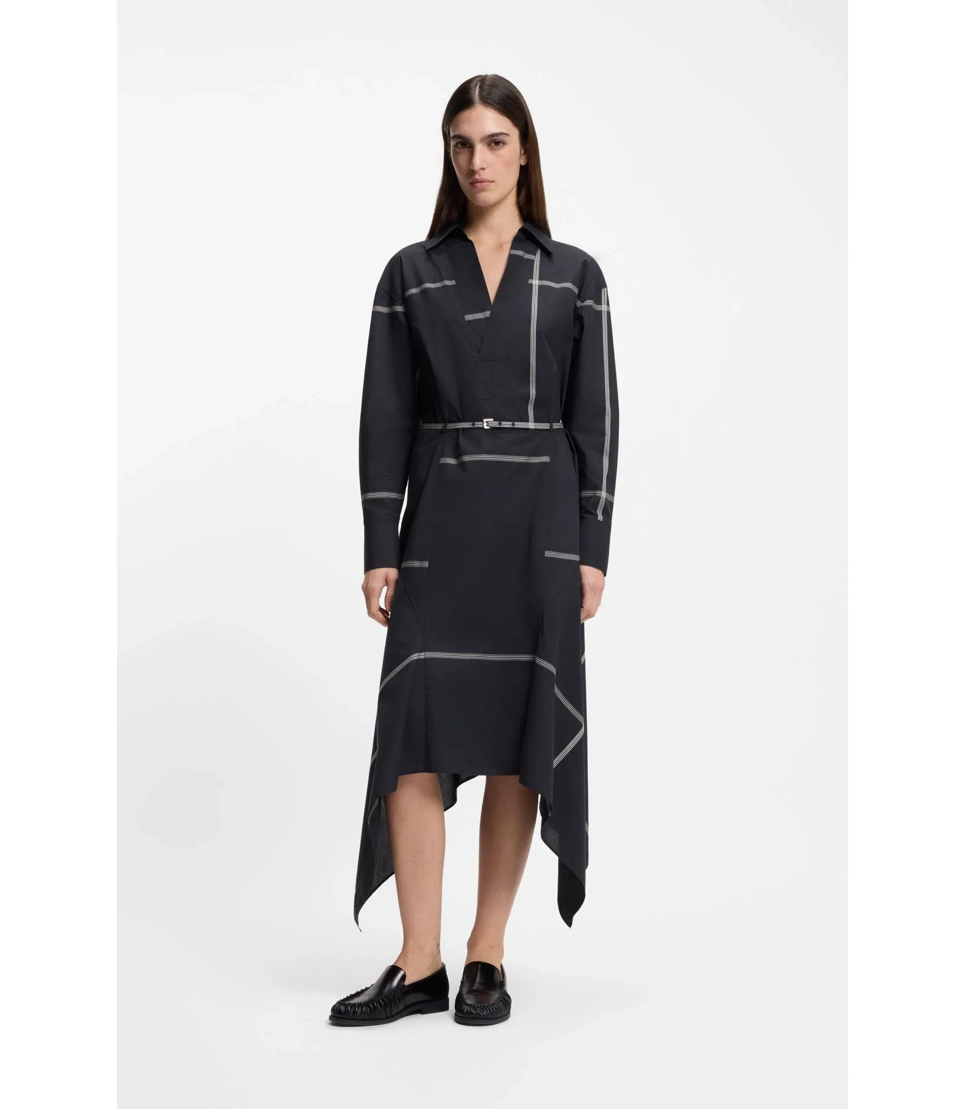 Boss Checked Shirt Dress In Cotton Canvas Dark Blue Women's