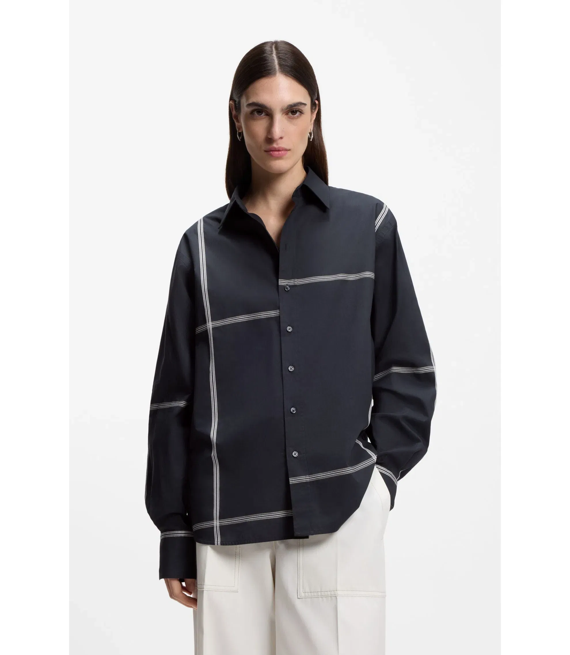 Boss Checked Relaxed Fit Blouse In Cotton Canvas Dark Blue Women's