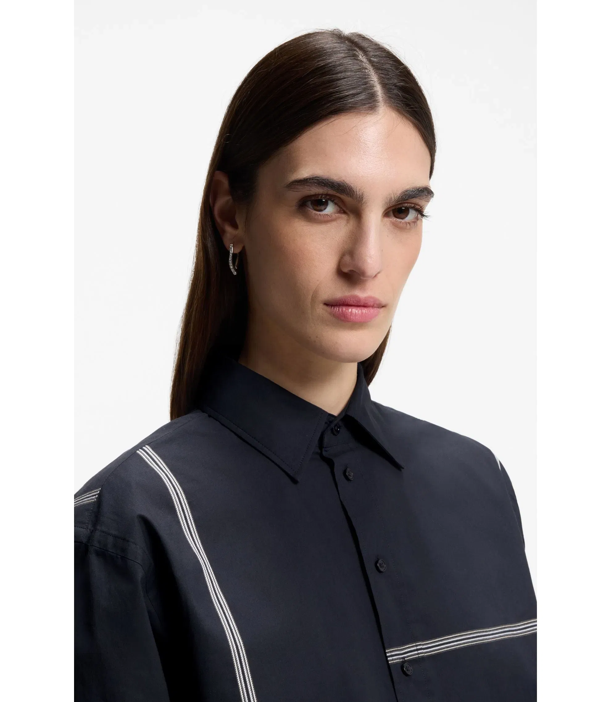 Boss Checked Relaxed Fit Blouse In Cotton Canvas Dark Blue Women's