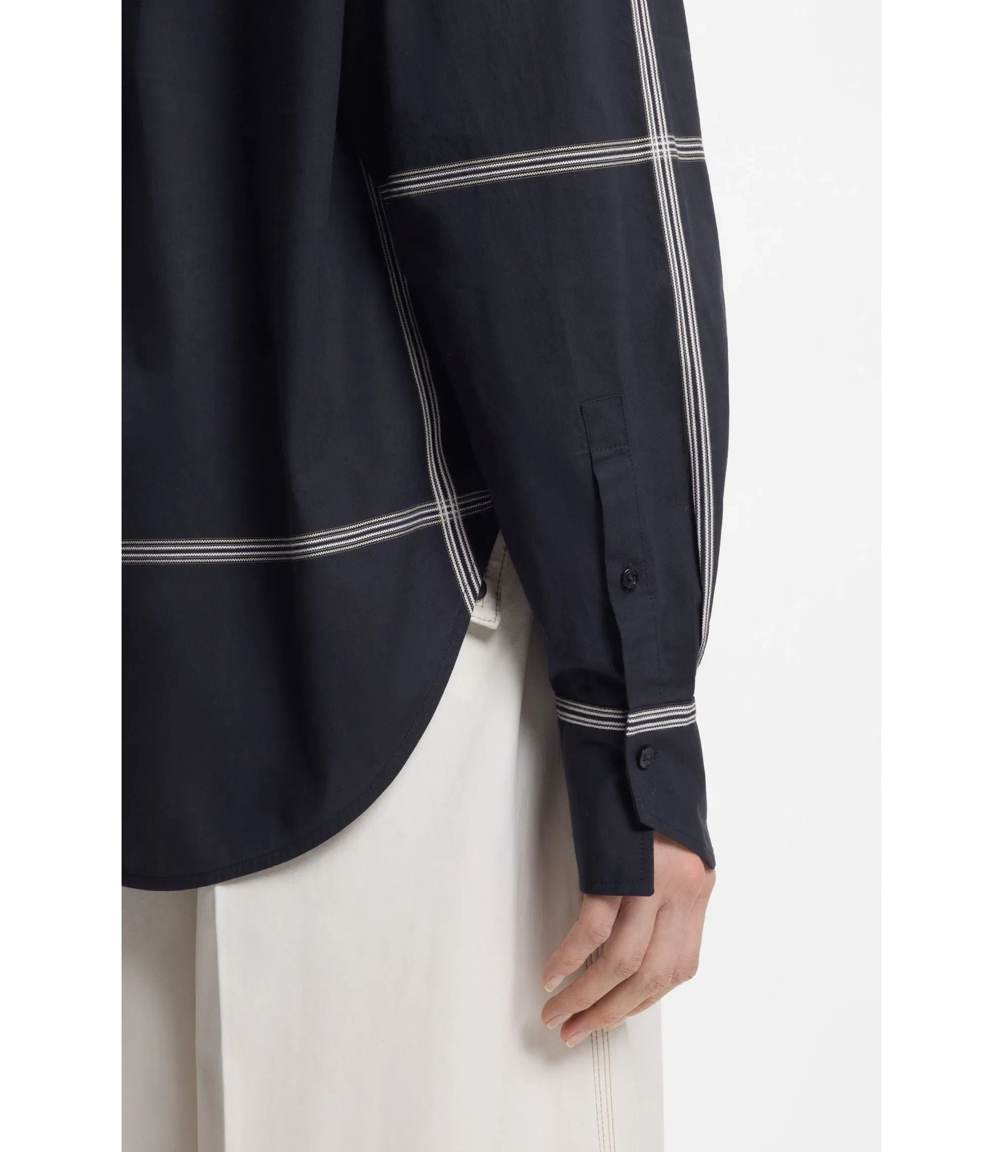 Boss Checked Relaxed Fit Blouse In Cotton Canvas Dark Blue Women's