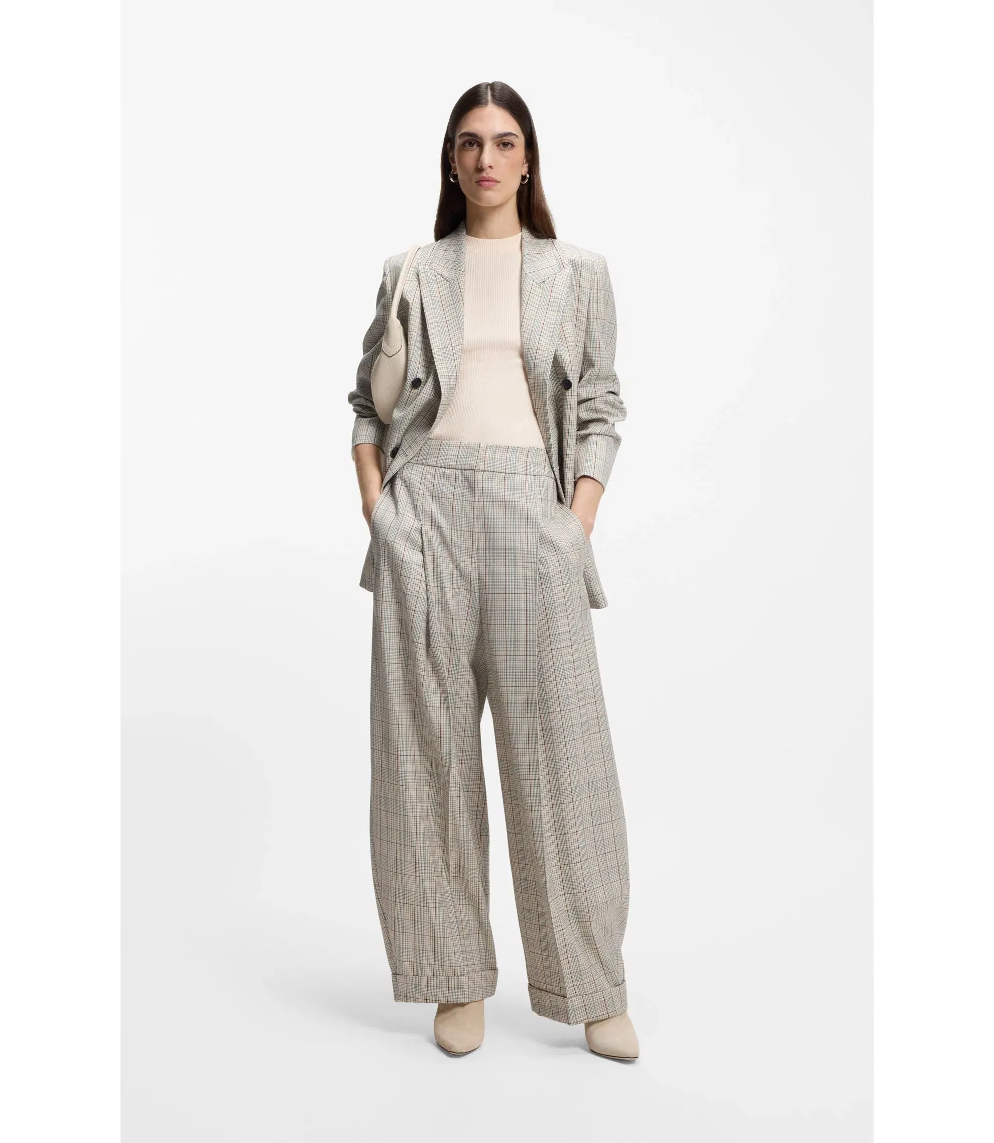 Boss Checked Oversized Fit Trousers In Stretch Wool Patterned Women's