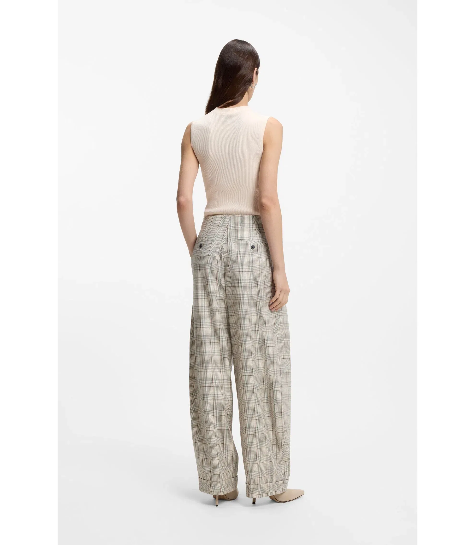 Boss Checked Oversized Fit Trousers In Stretch Wool Patterned Women's