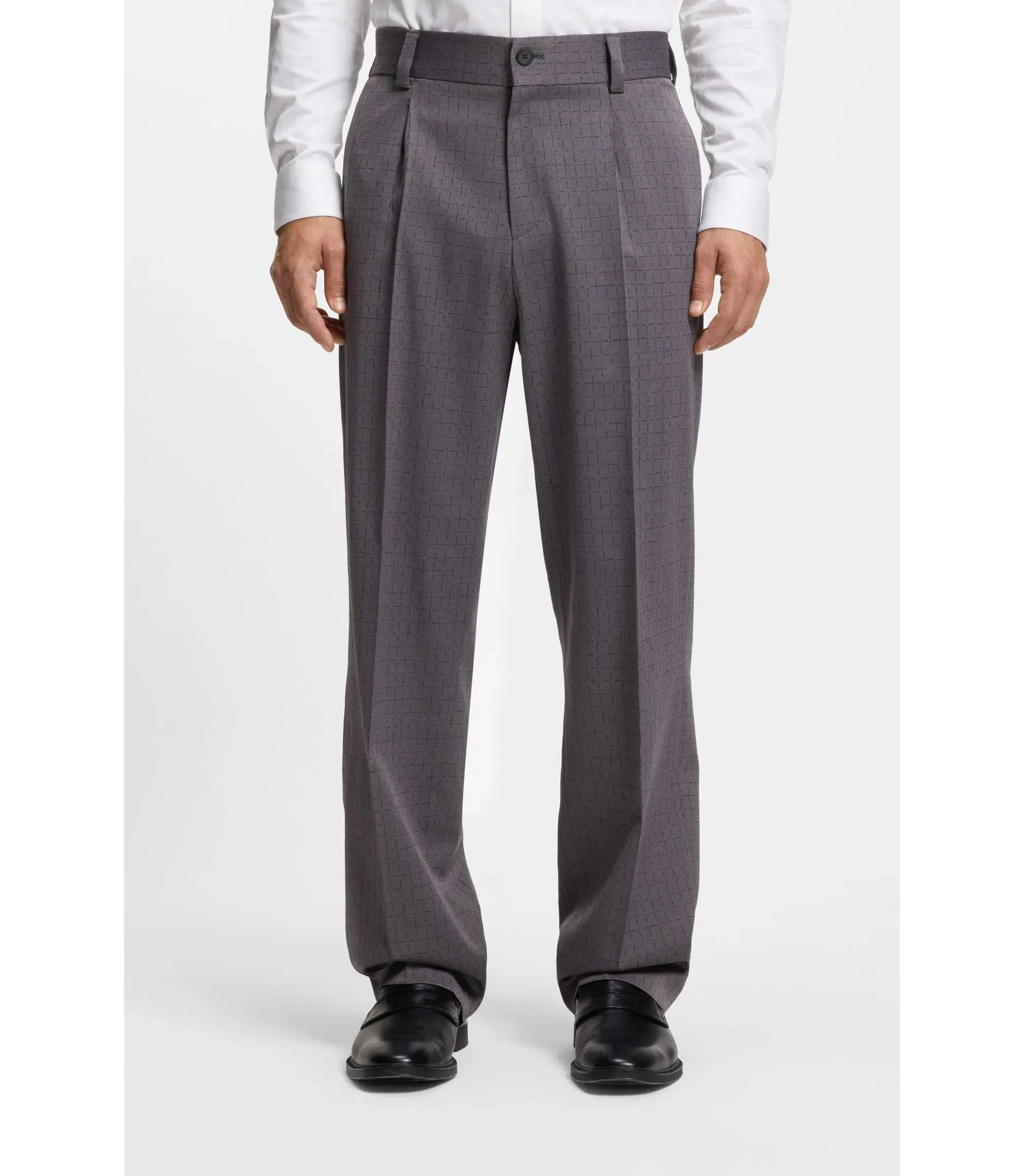 Hugo Checked Modern Fit Trousers In Stretch Cloth Dark Grey