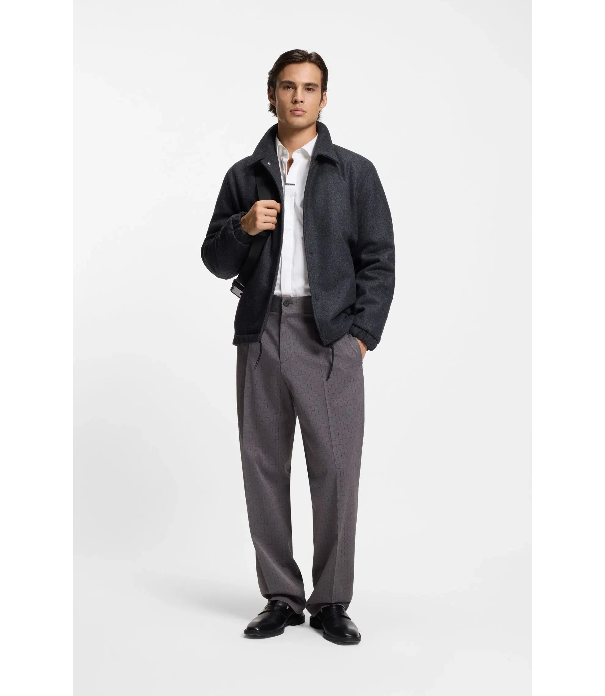 Hugo Checked Modern Fit Trousers In Stretch Cloth Dark Grey