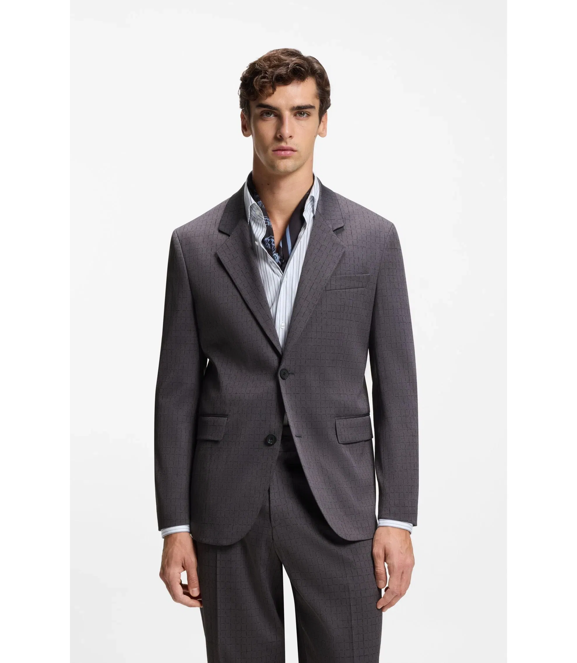Hugo Checked Modern Fit Jacket In Stretch Cloth Dark Grey