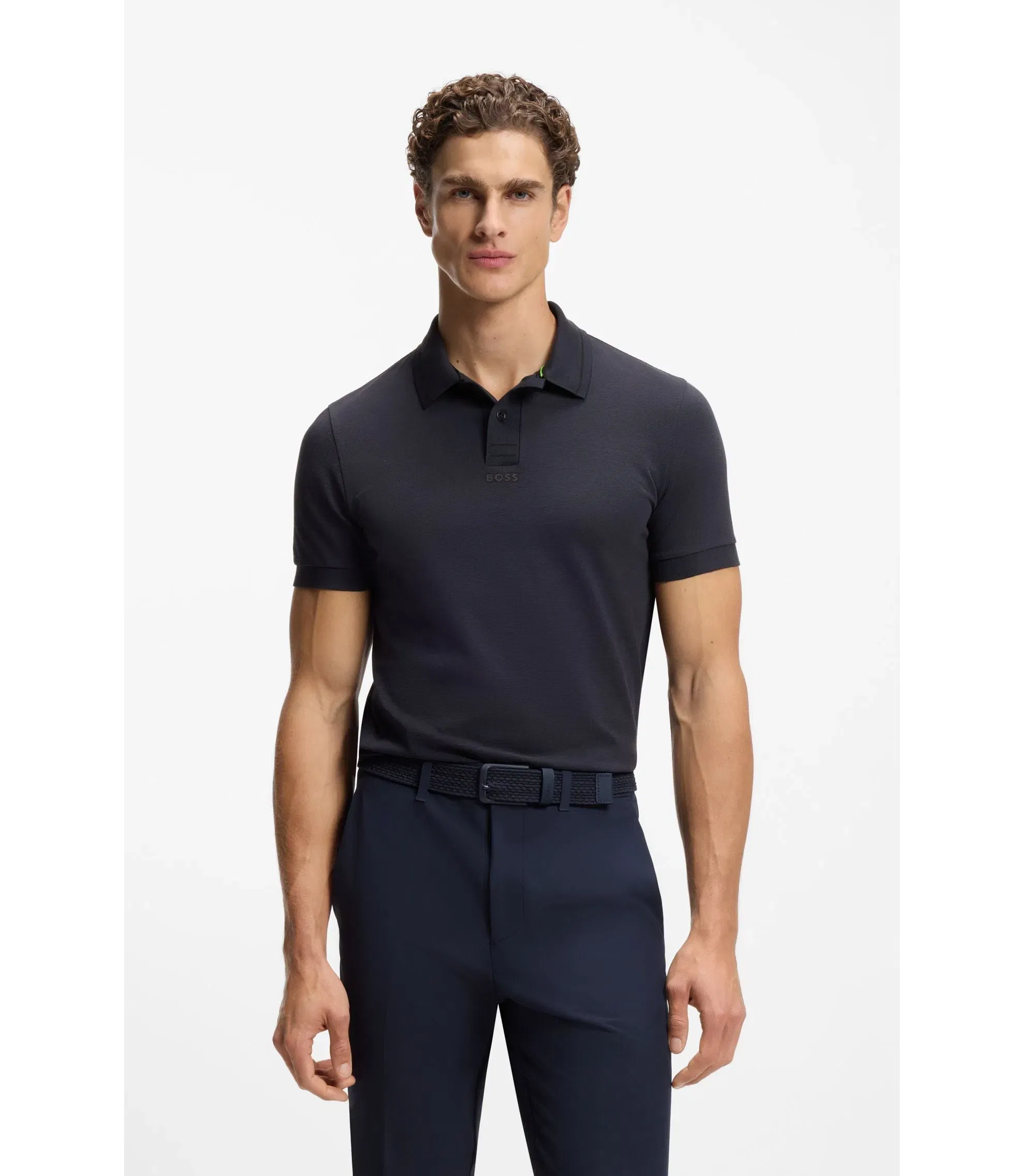 Boss Centred Logo Slim Fit Polo Shirt In Cotton Piqu Dark Blue