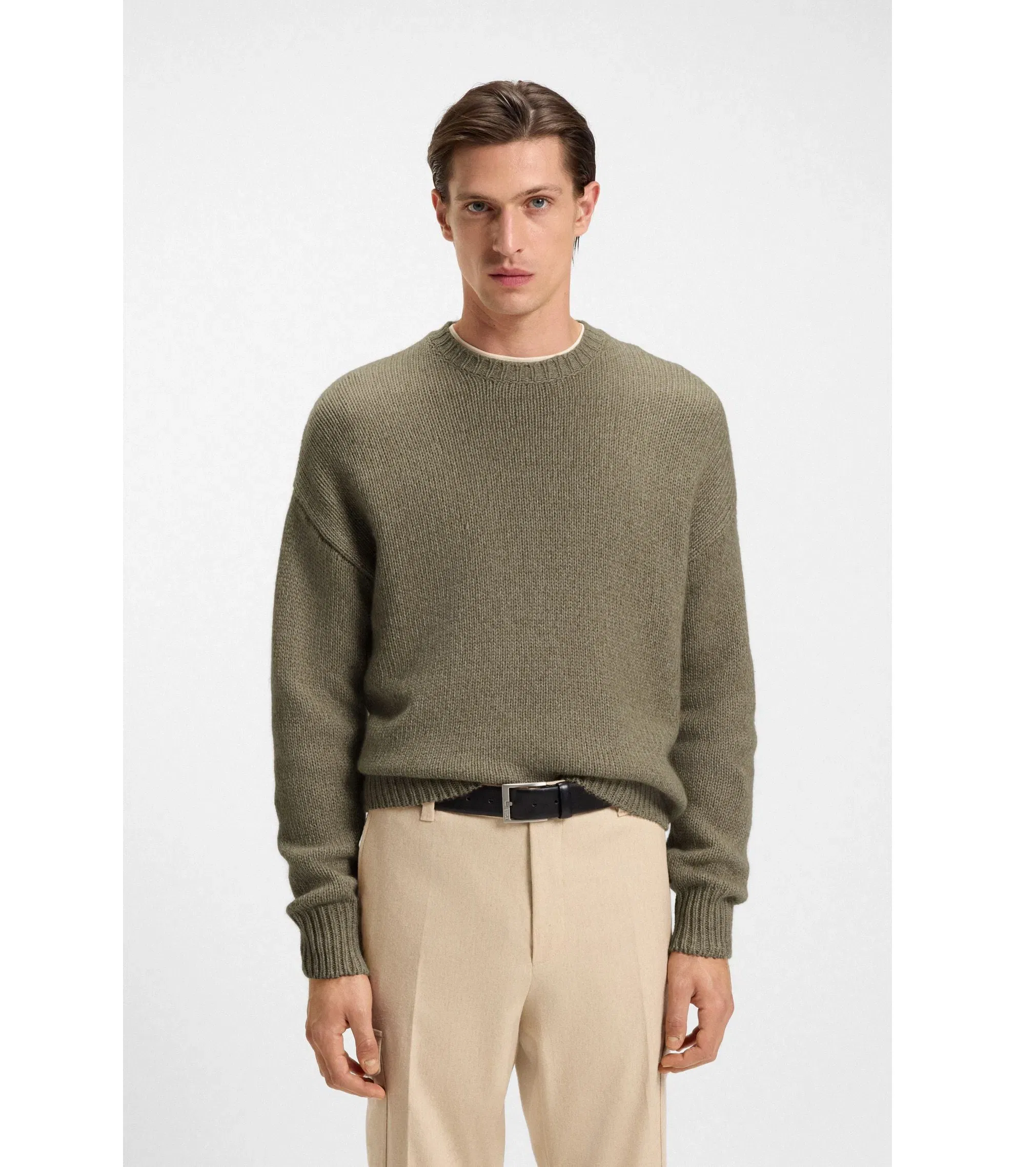Boss Cashmere Cotton Sweater In An Oversized Fit Light Beige
