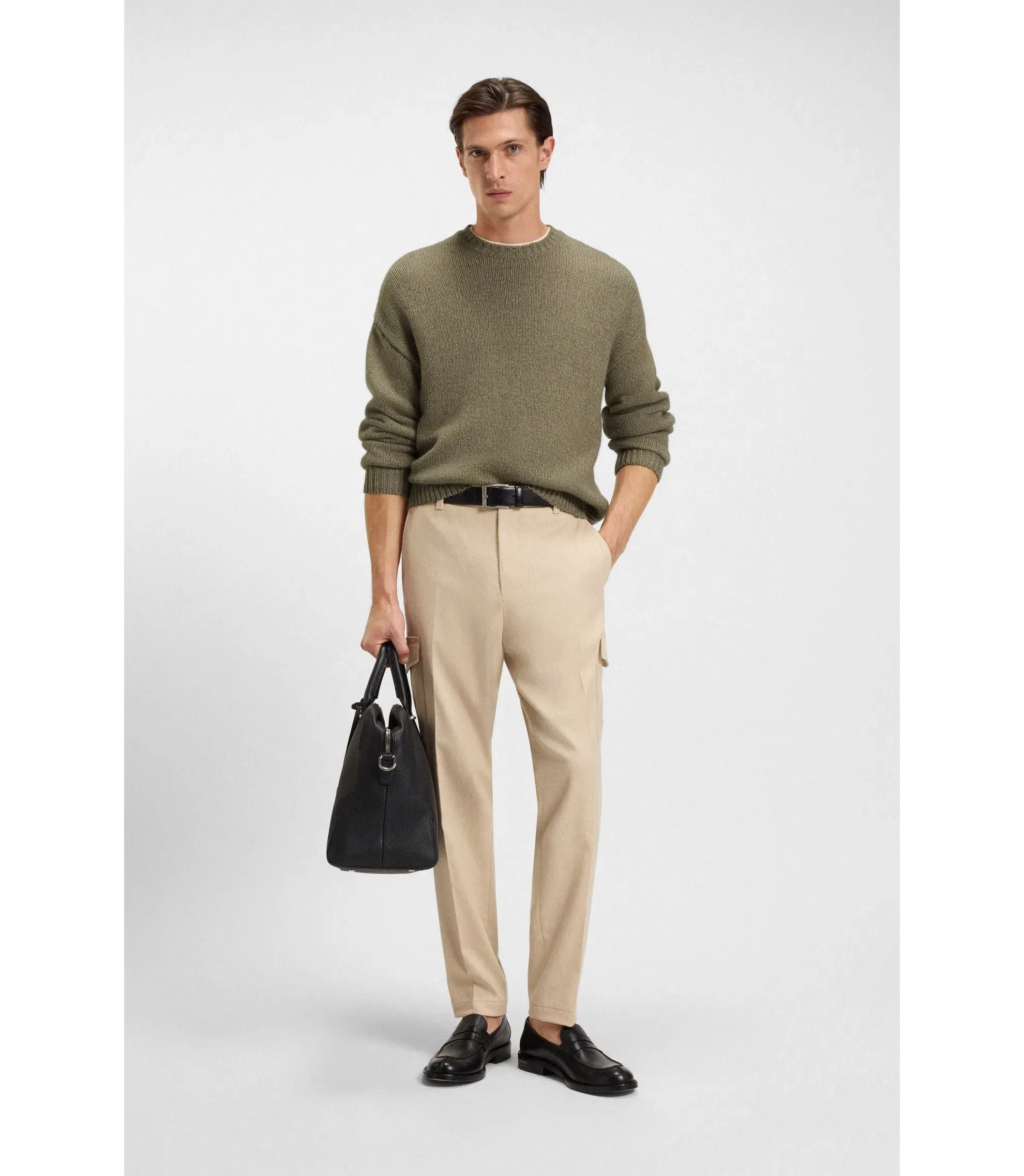 Boss Cashmere Cotton Sweater In An Oversized Fit Light Beige
