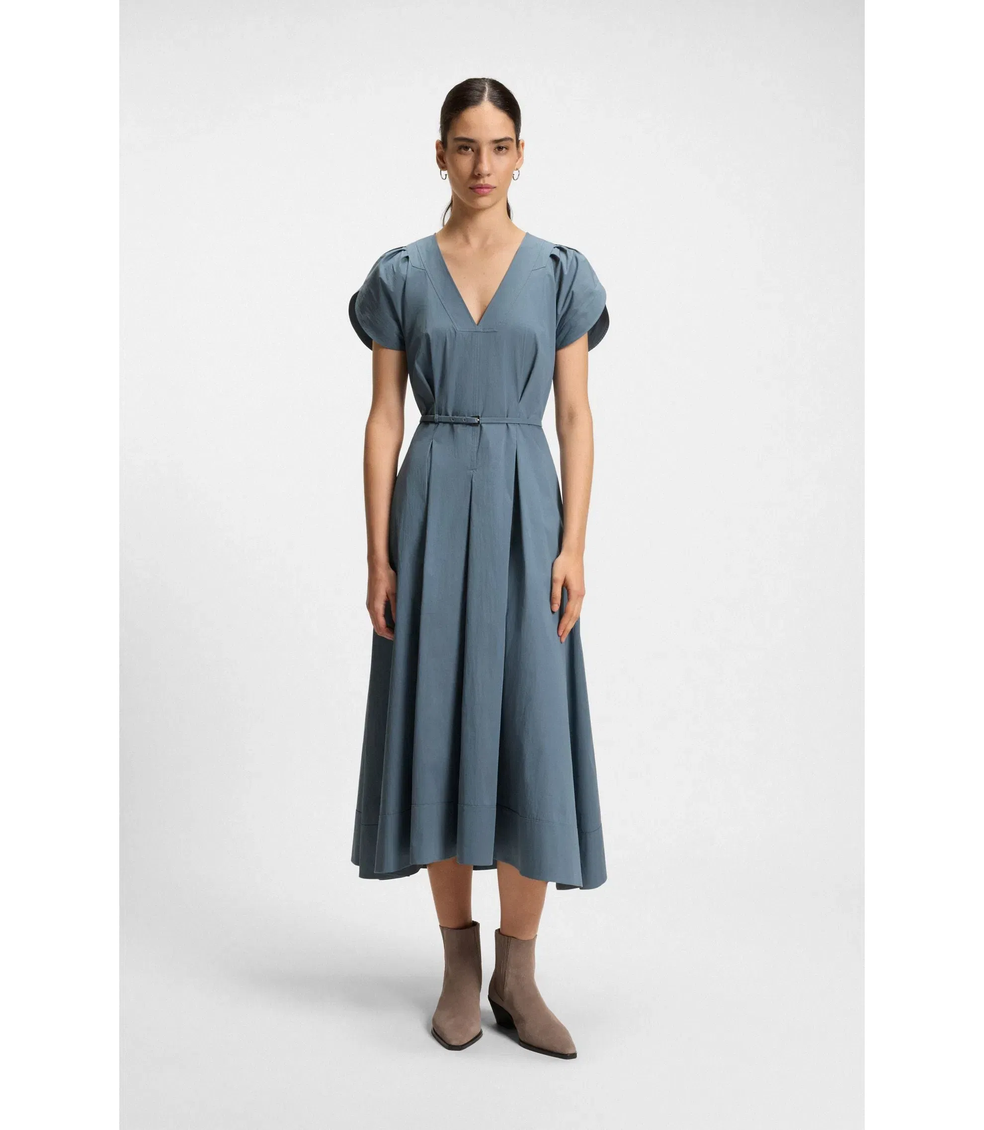 Boss Buckled Belt Dress In A Cotton Blend Light Blue Women's