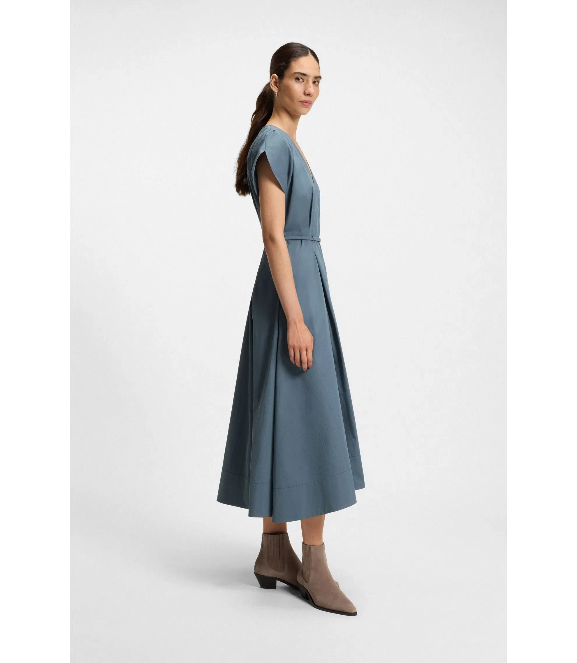 Boss Buckled Belt Dress In A Cotton Blend Light Blue Women's