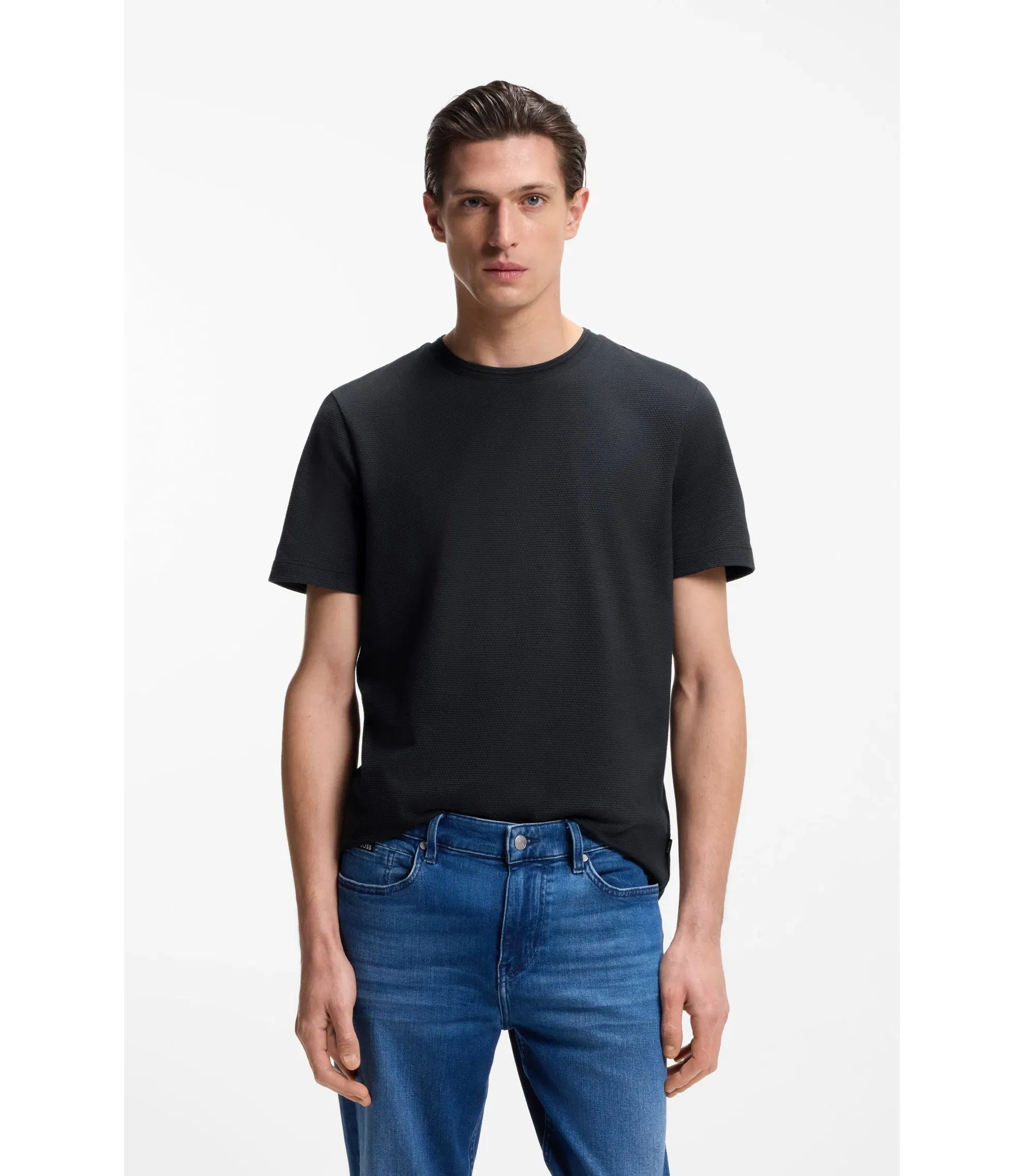 Boss Bubble Jacquard Structure T-Shirt In A Cotton Blend Dark Blue