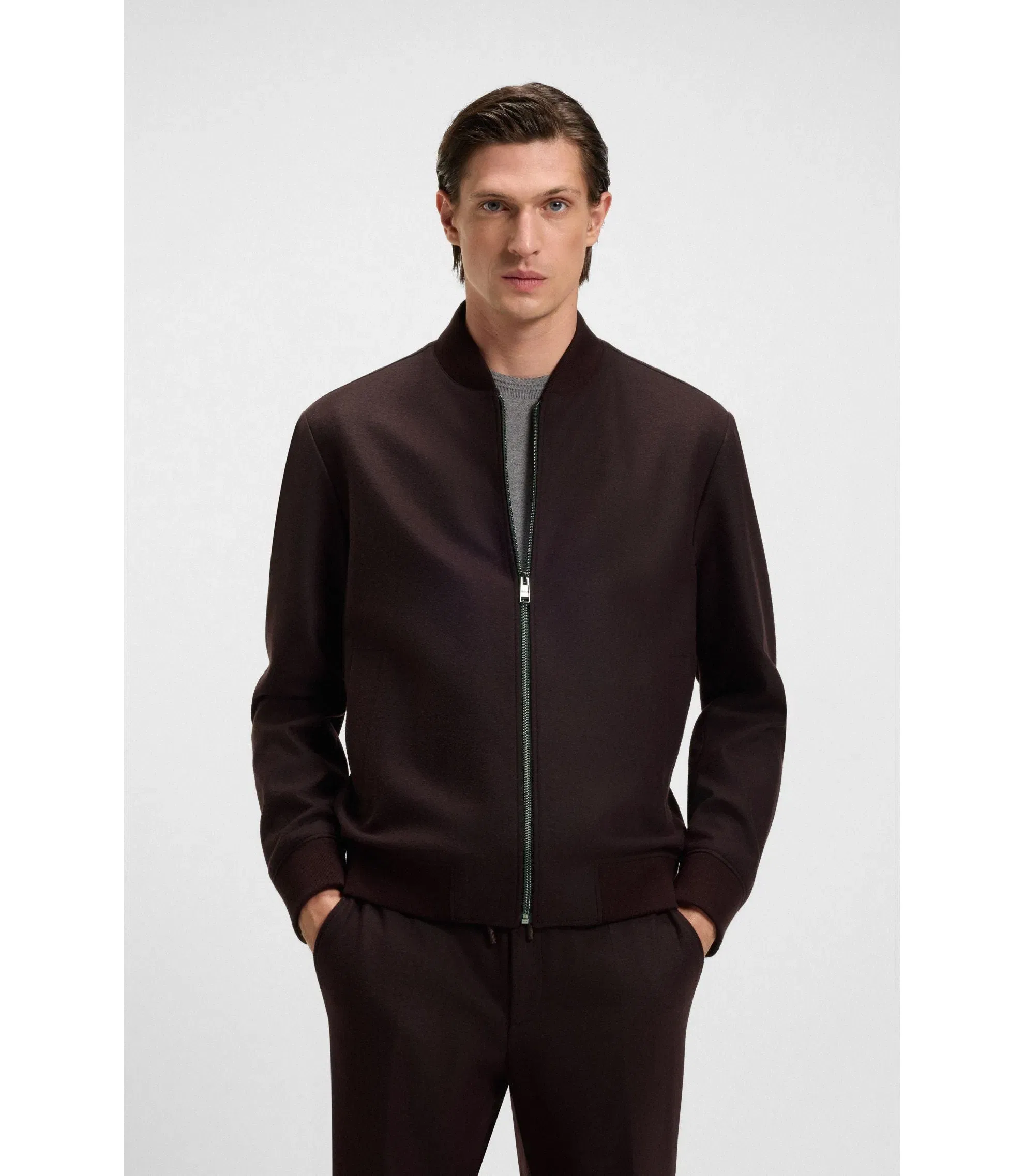 Boss Brushed Slim Fit Jacket In Stretch Flannel Dark Red