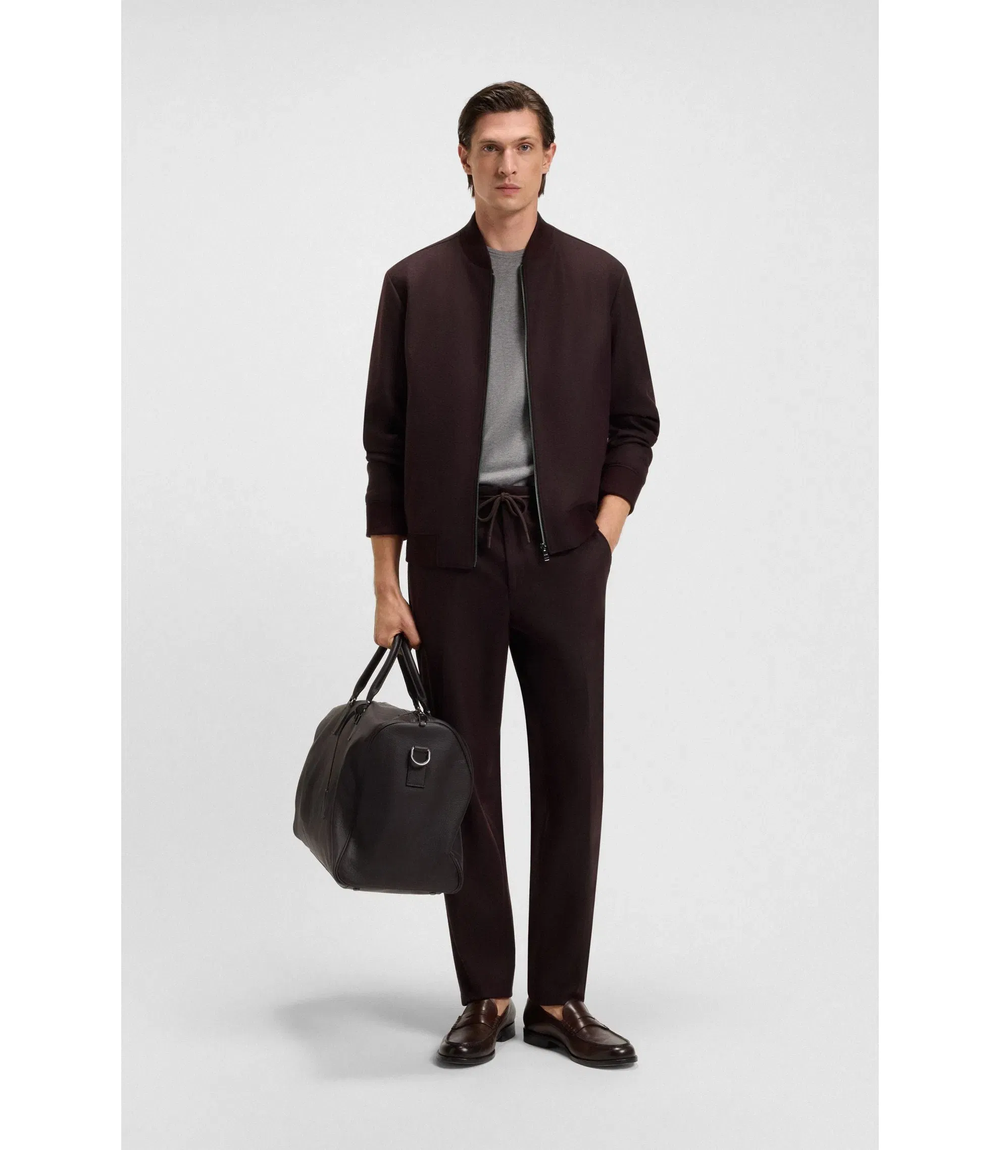 Boss Brushed Slim Fit Jacket In Stretch Flannel Dark Red