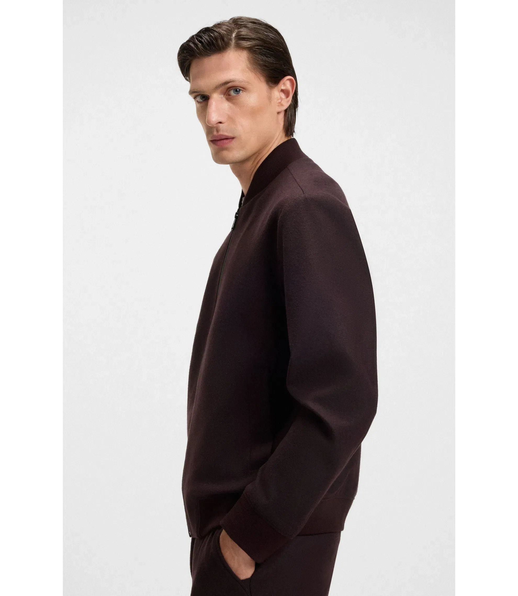Boss Brushed Slim Fit Jacket In Stretch Flannel Dark Red