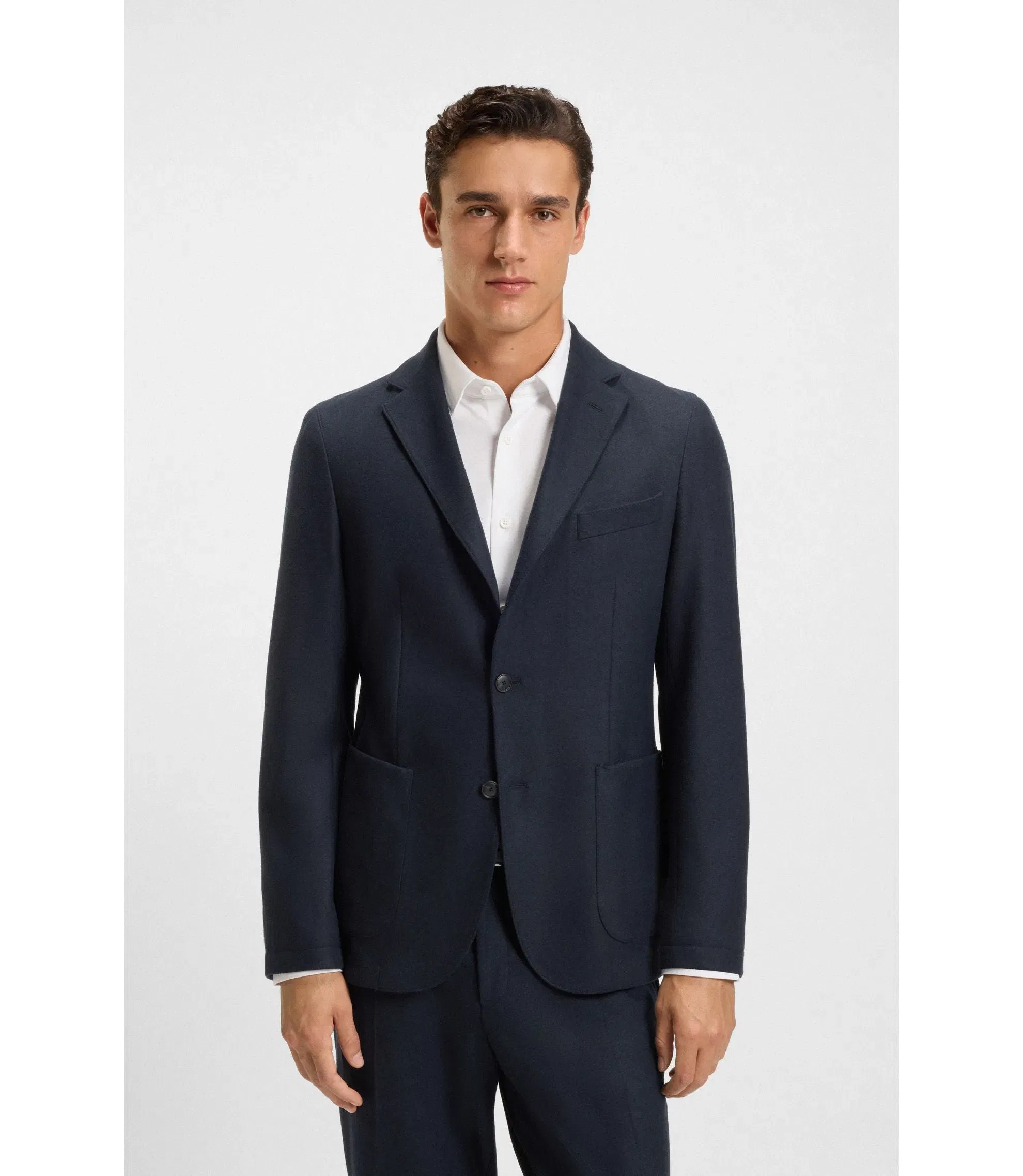 Boss Brushed Slim Fit Jacket In Stretch Flannel Dark Blue