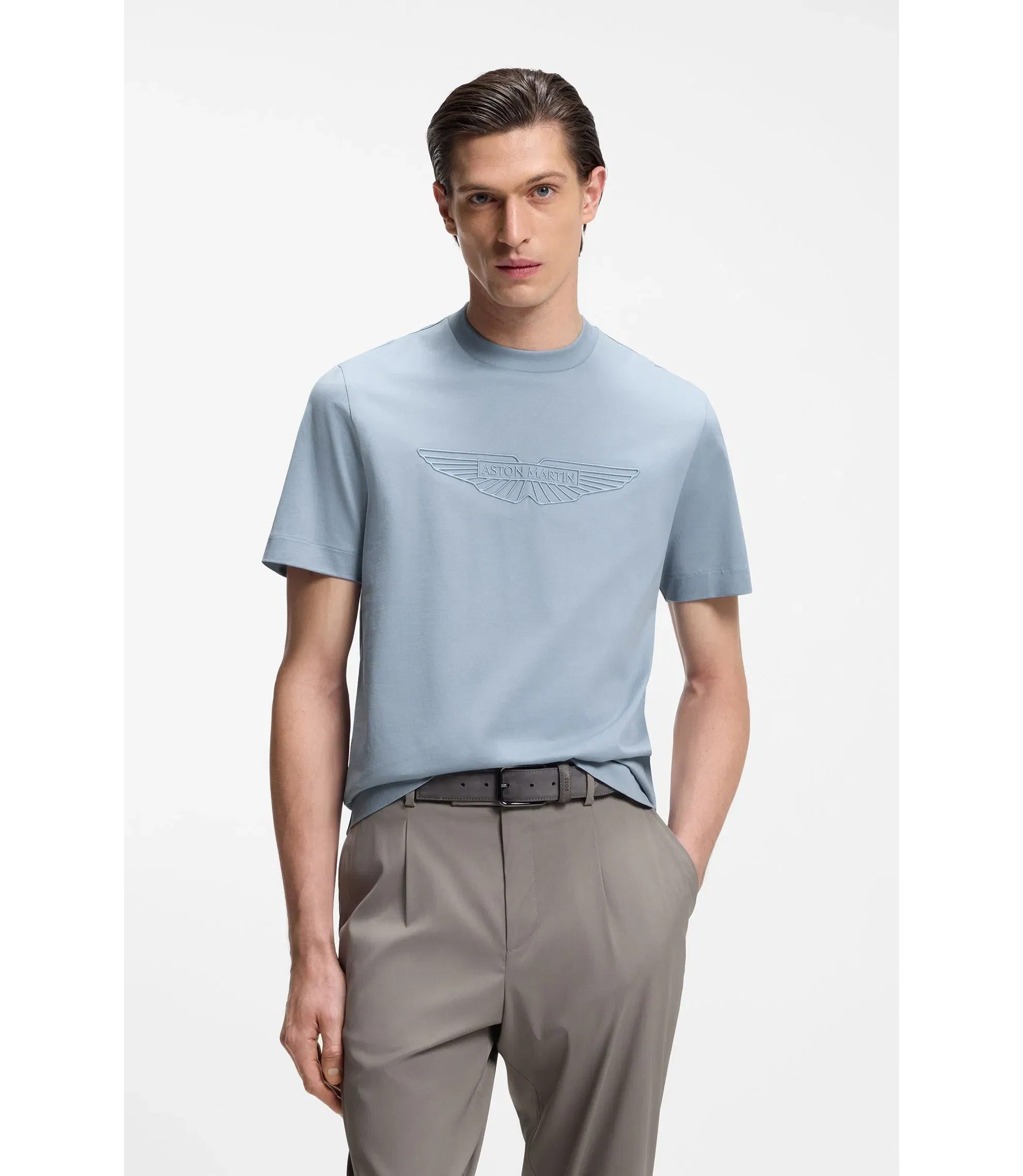 Boss X Aston Martin Mercerized Cotton T Shirt With Wing Detail Light Blue