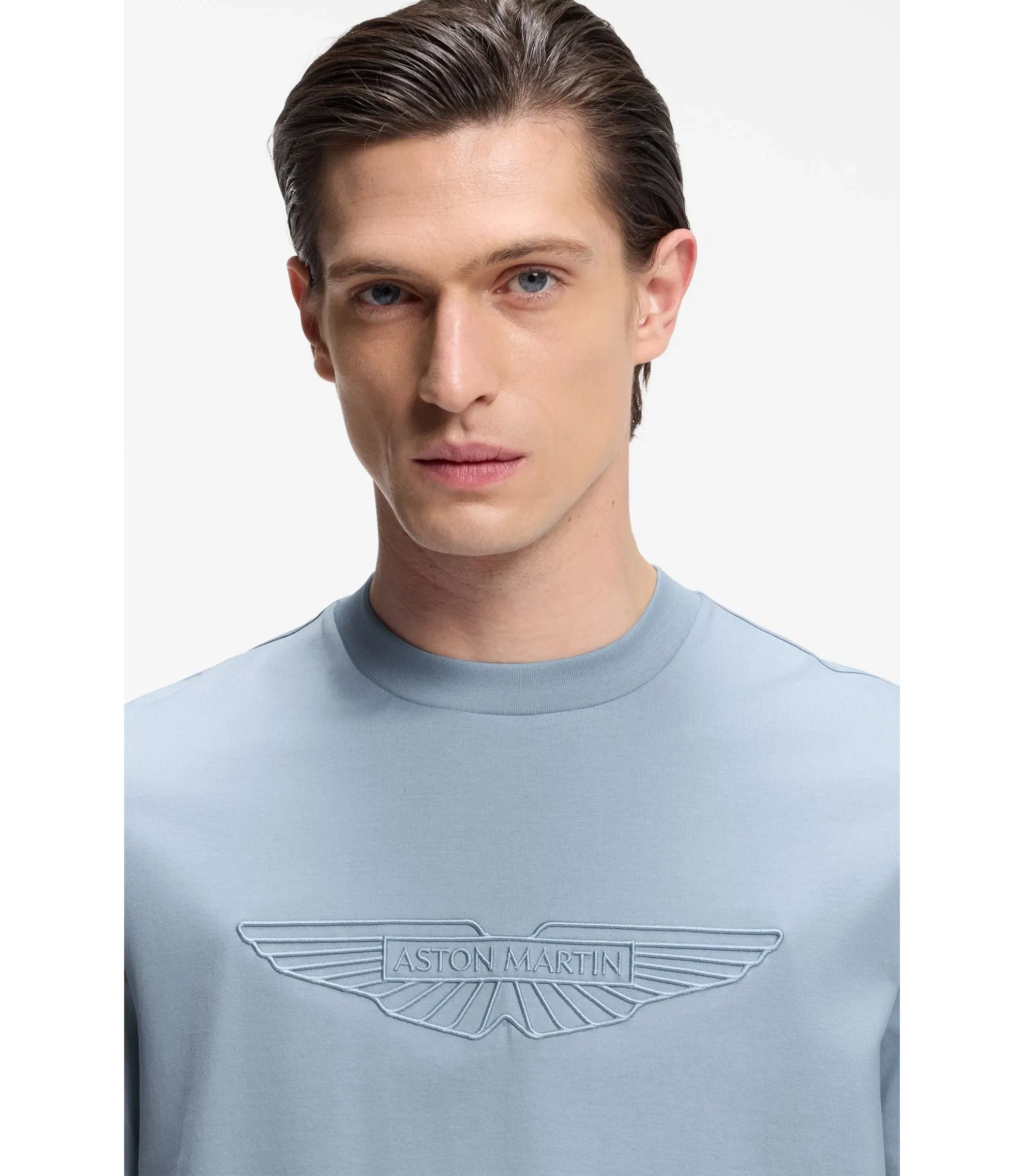 Boss X Aston Martin Mercerized Cotton T Shirt With Wing Detail Light Blue