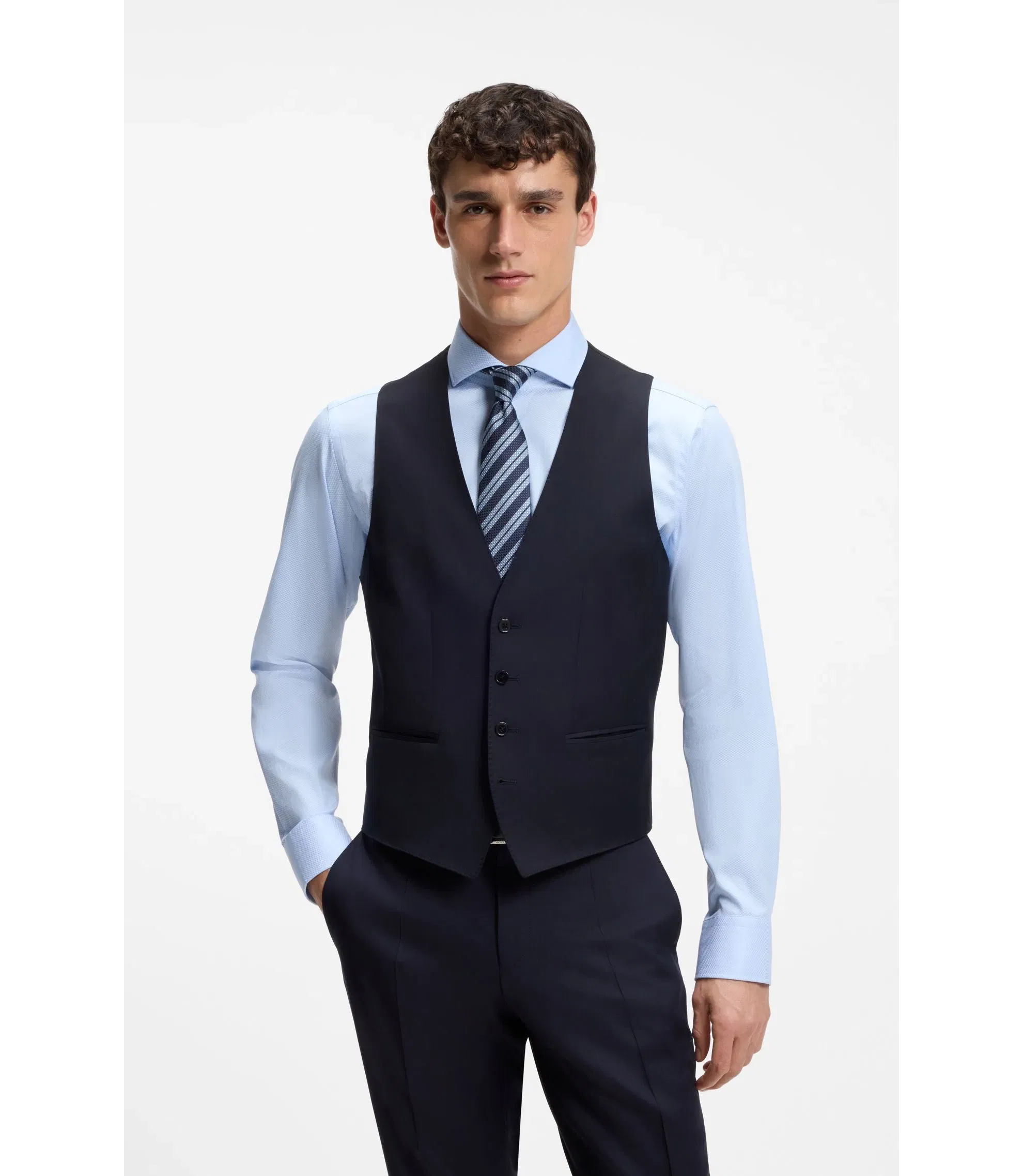 Boss One Slim Fit Vest In Virgin Wool Serge Dark Blue