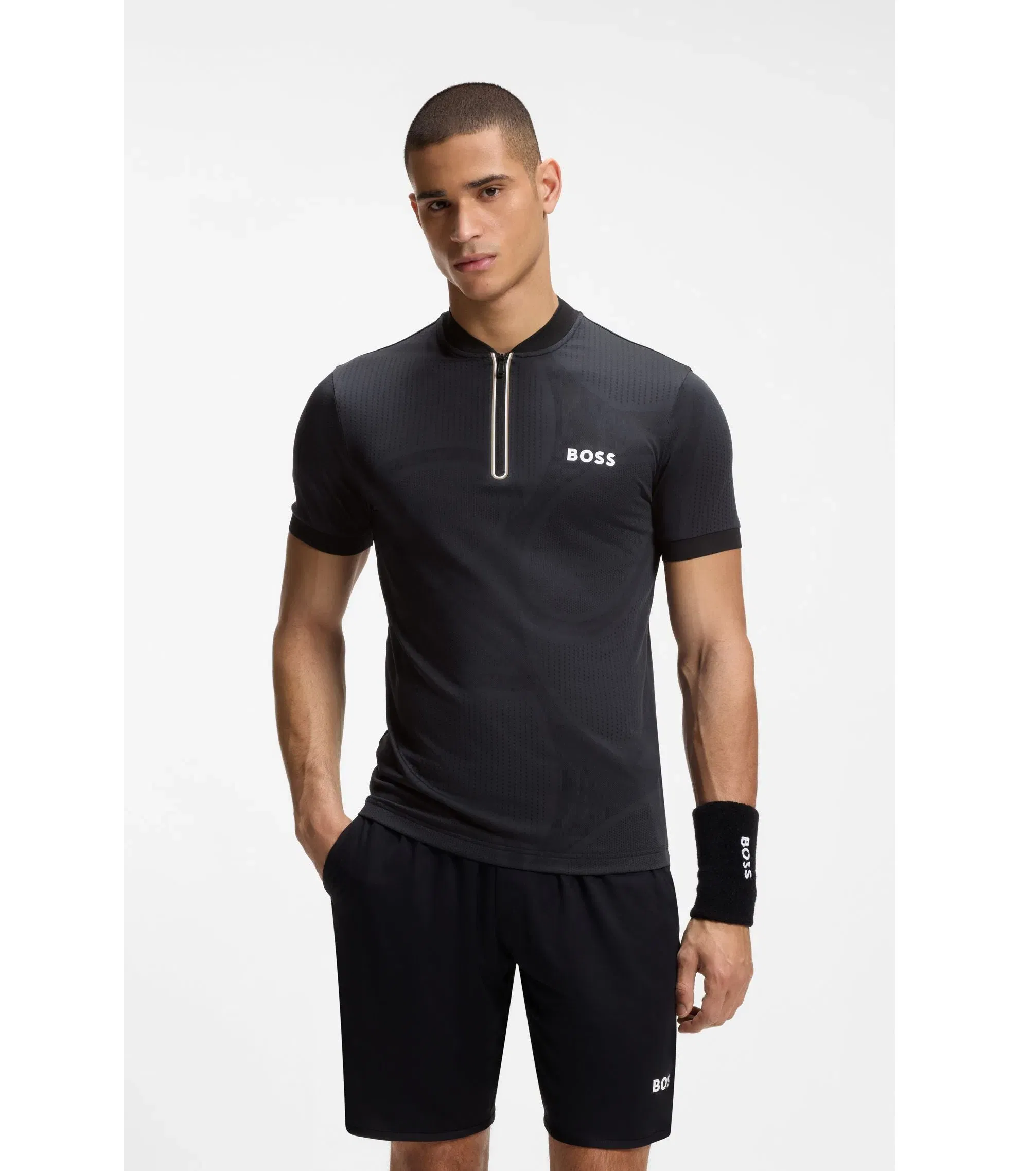Boss Bodymapping Jersey Slim Fit Polo Shirt With Zip Neck Black