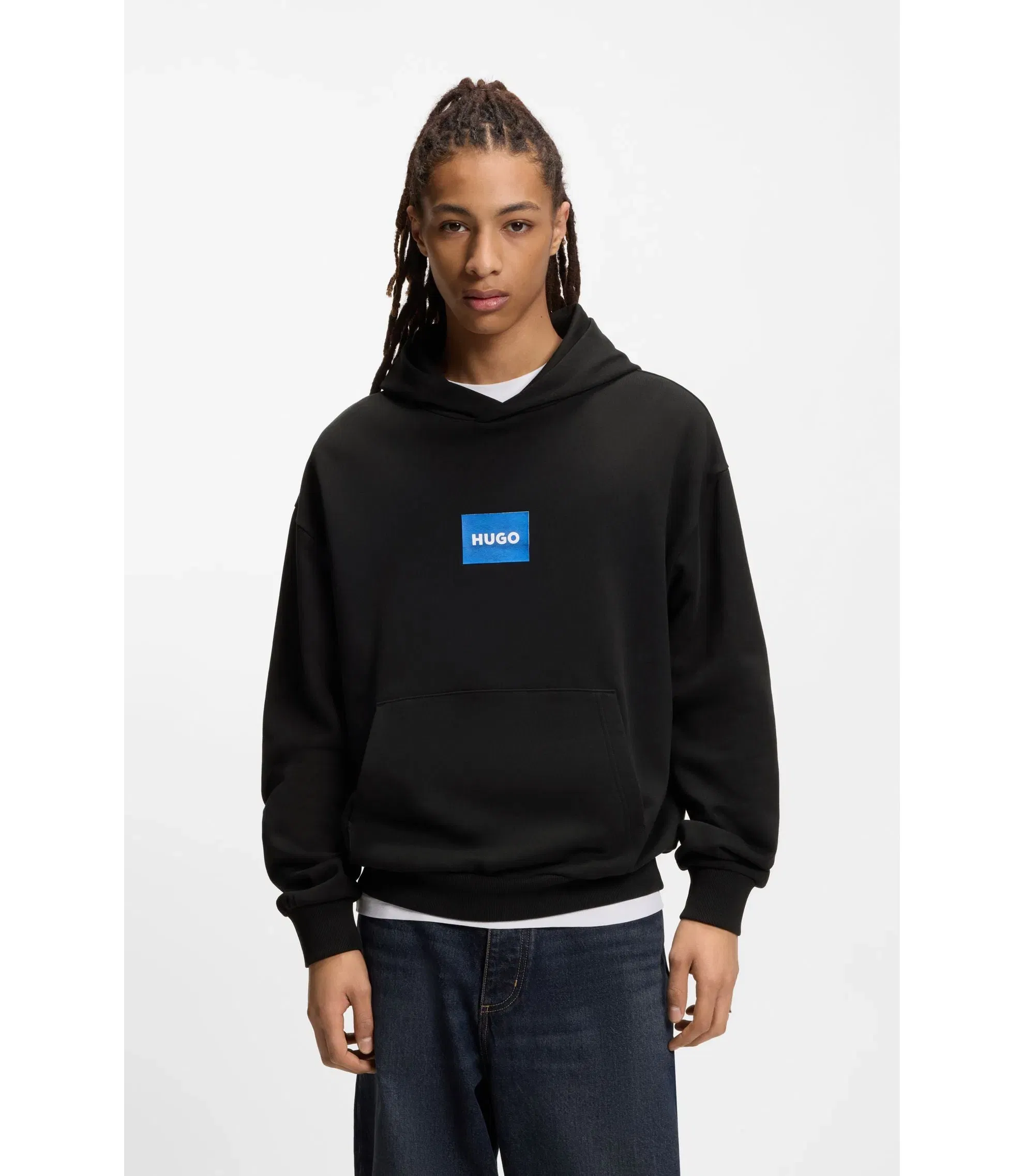Hugo Blue Logo Hoodie In Cotton Terry Black