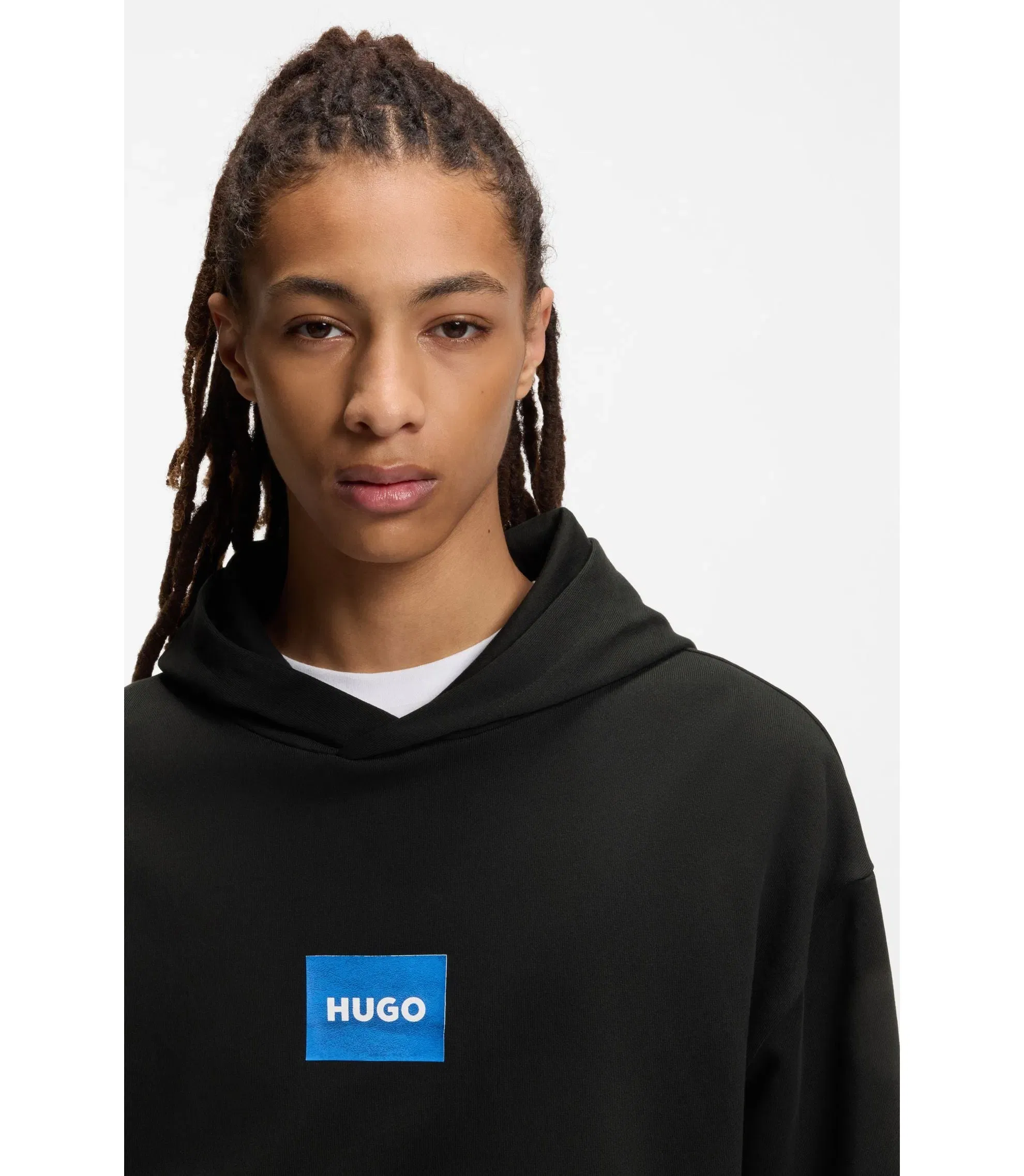 Hugo Blue Logo Hoodie In Cotton Terry Black