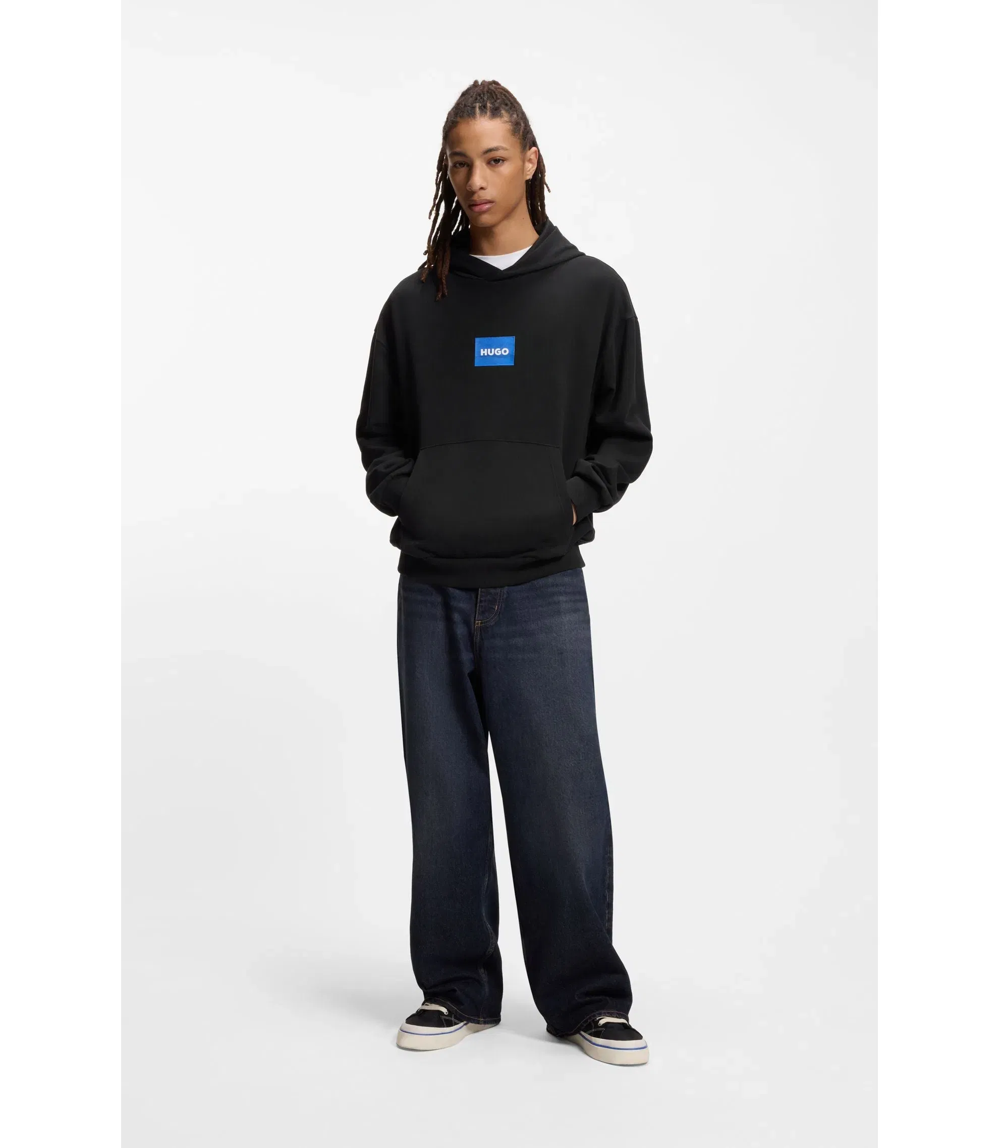 Hugo Blue Logo Hoodie In Cotton Terry Black