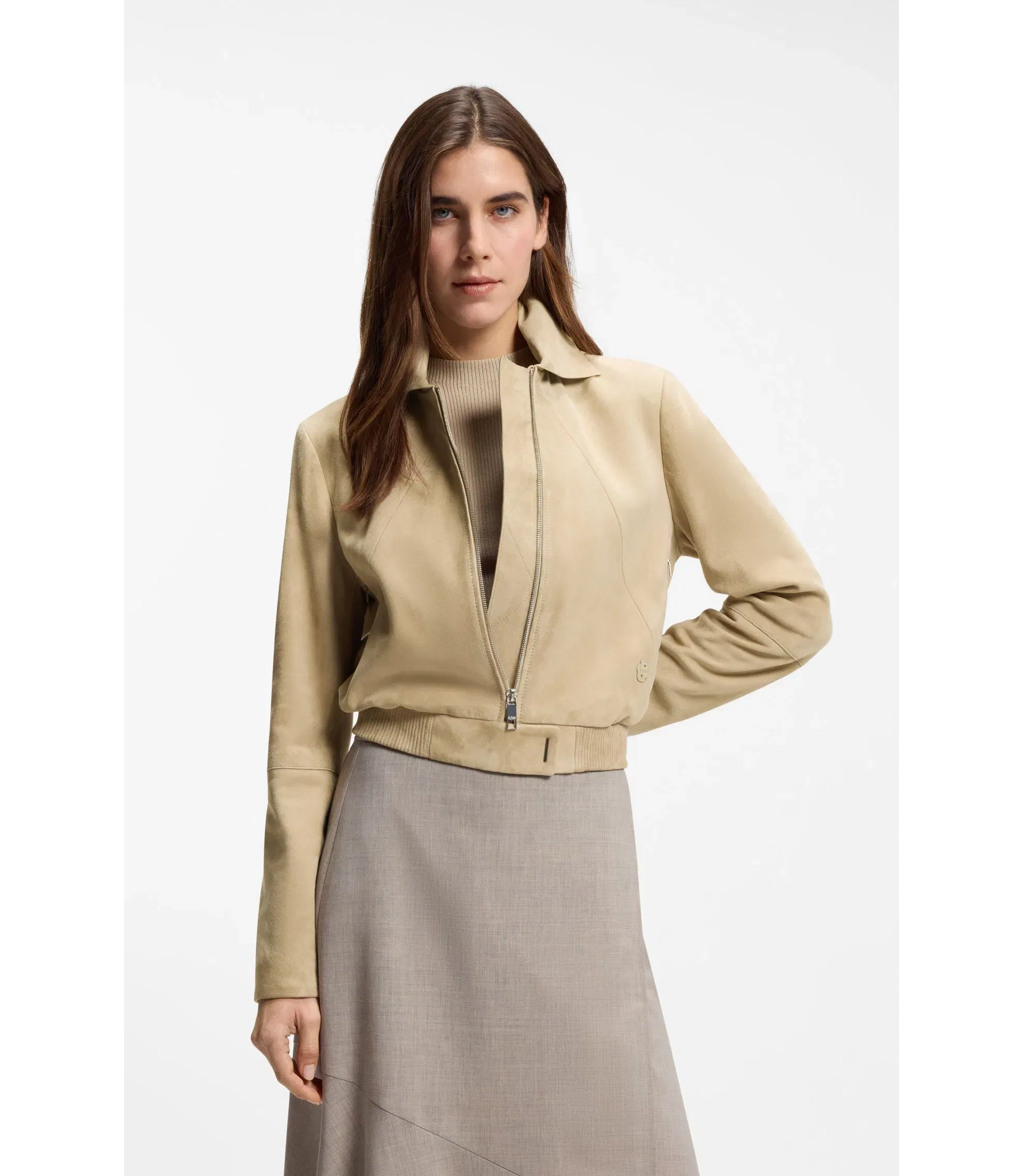 Boss Blouson Style Jacket In Soft Touch Suede Light Beige Women's