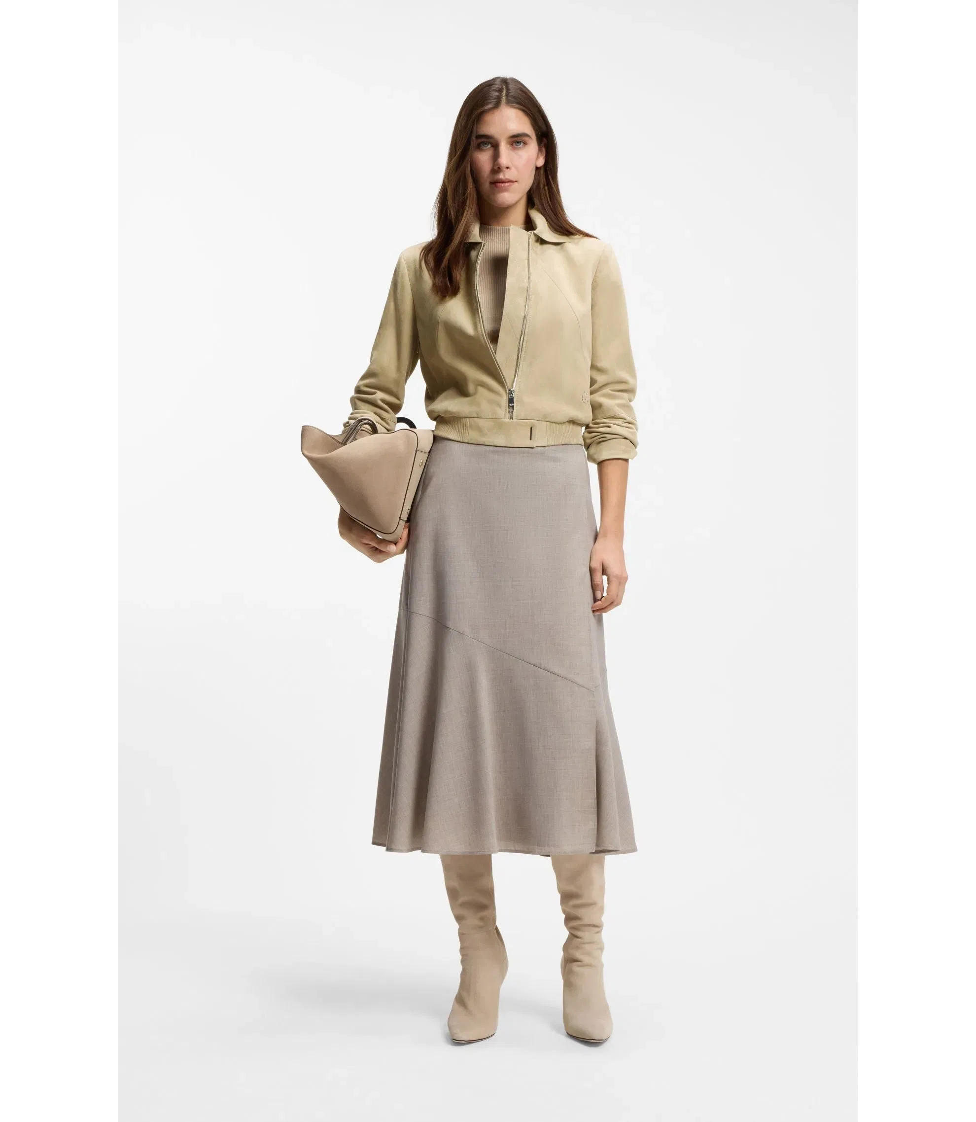 Boss Blouson Style Jacket In Soft Touch Suede Light Beige Women's