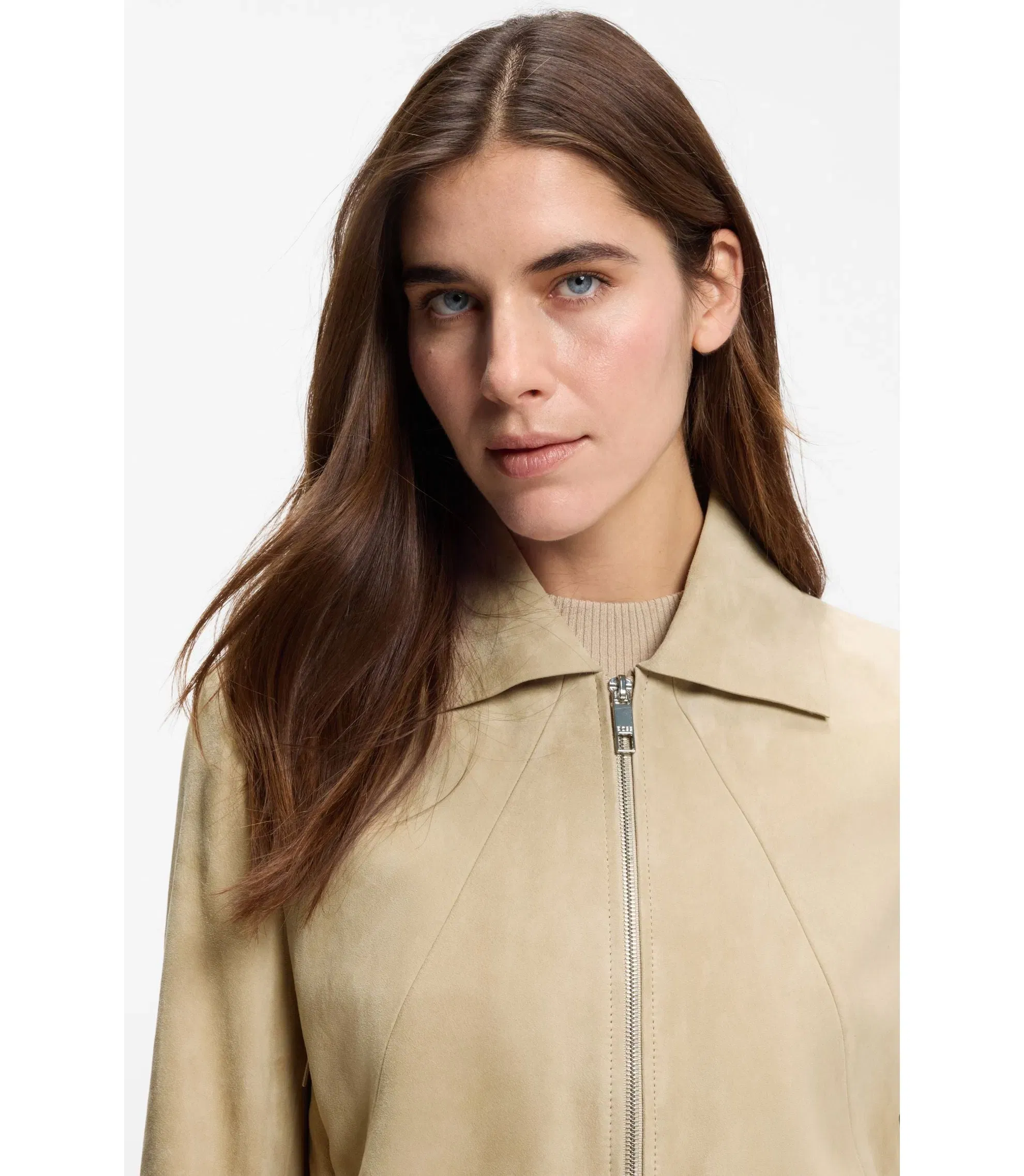 Boss Blouson Style Jacket In Soft Touch Suede Light Beige Women's