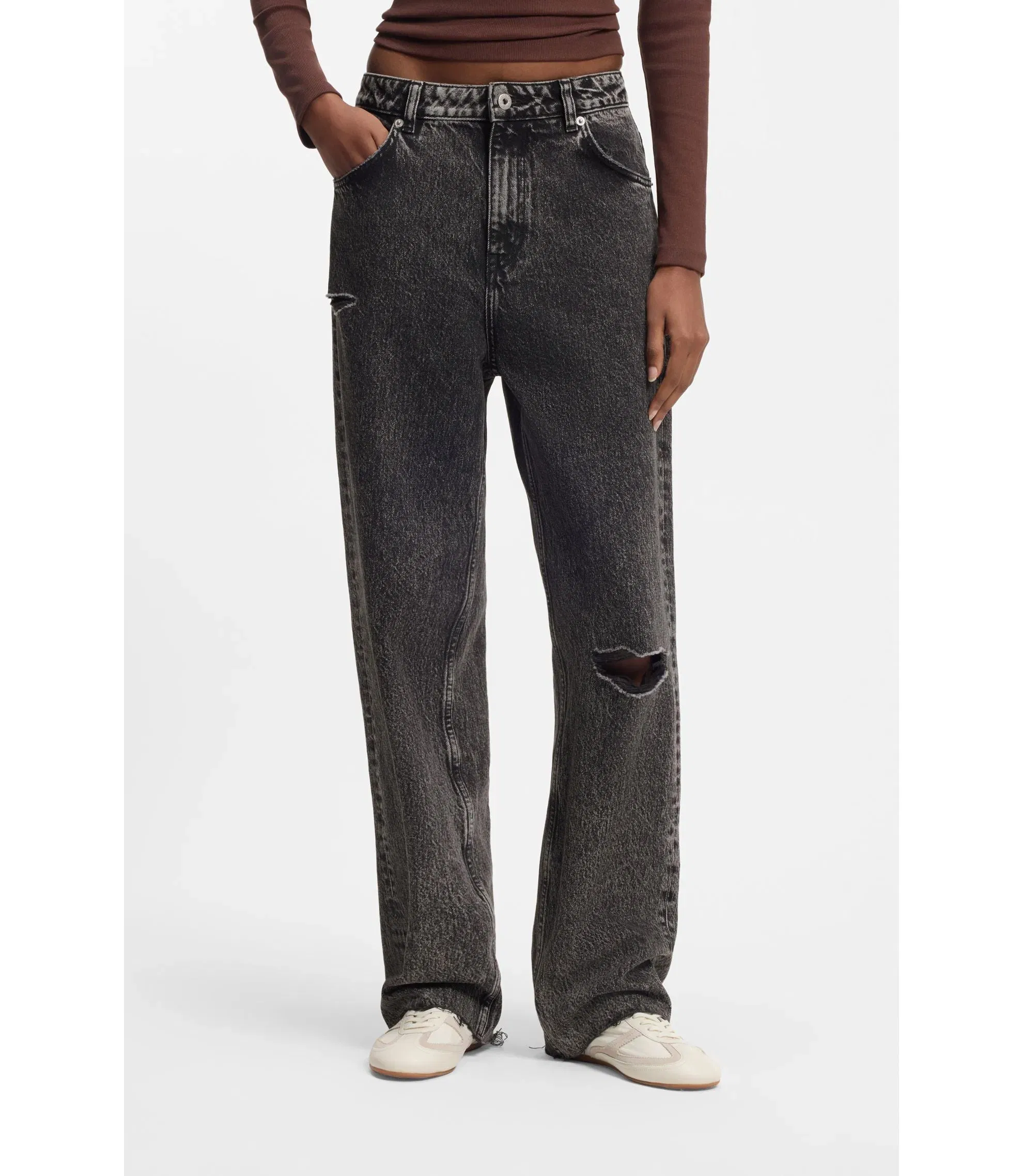 Hugo Black Relaxed Fit Jeans In Rigid Denim Black Women's