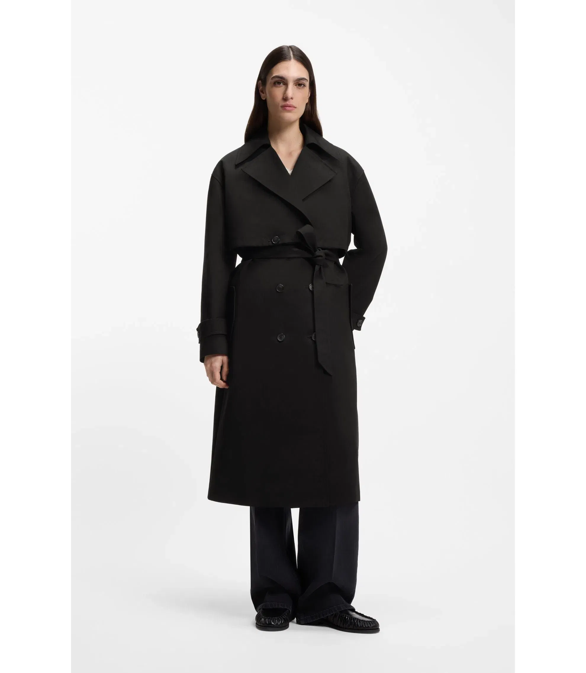 Boss Belted Trench Coat In Stretch Cotton Black Women's