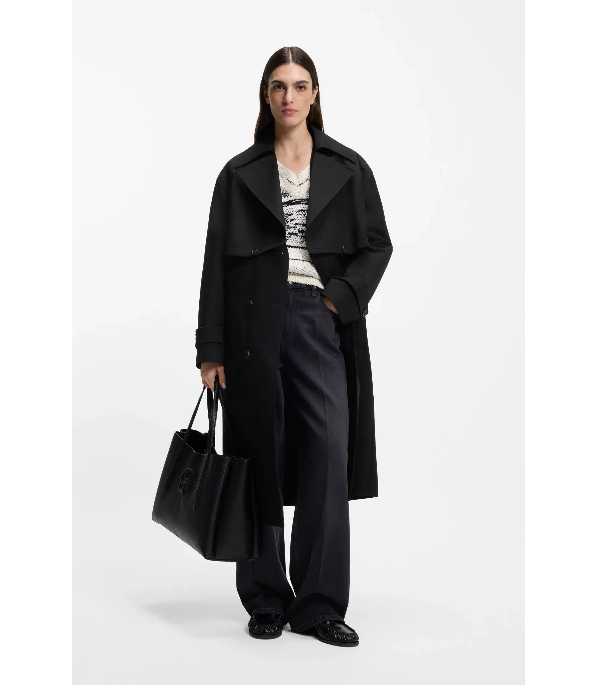 Boss Belted Trench Coat In Stretch Cotton Black Women's