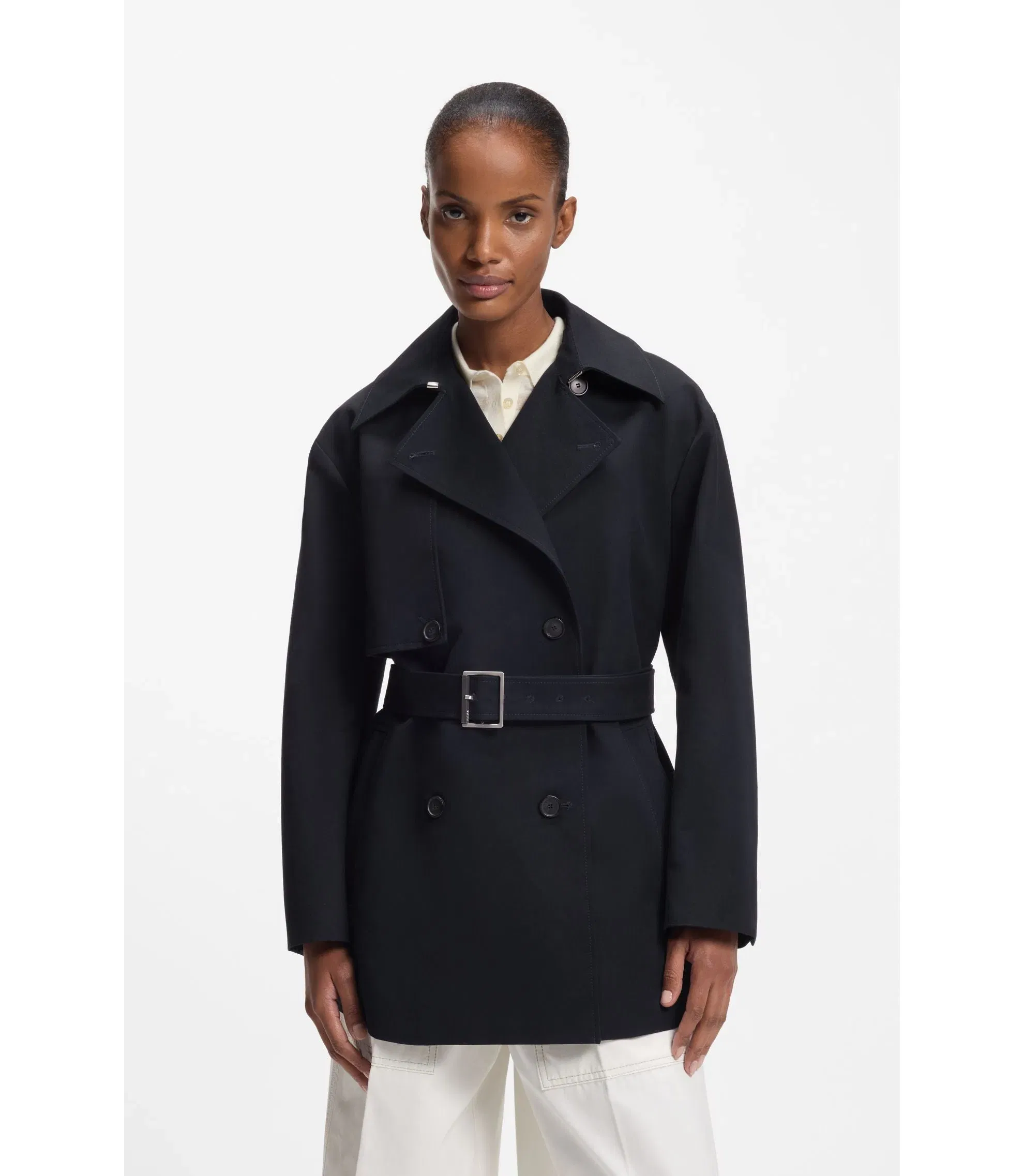 Boss Belted Trench Coat In Cotton Dark Blue Women's