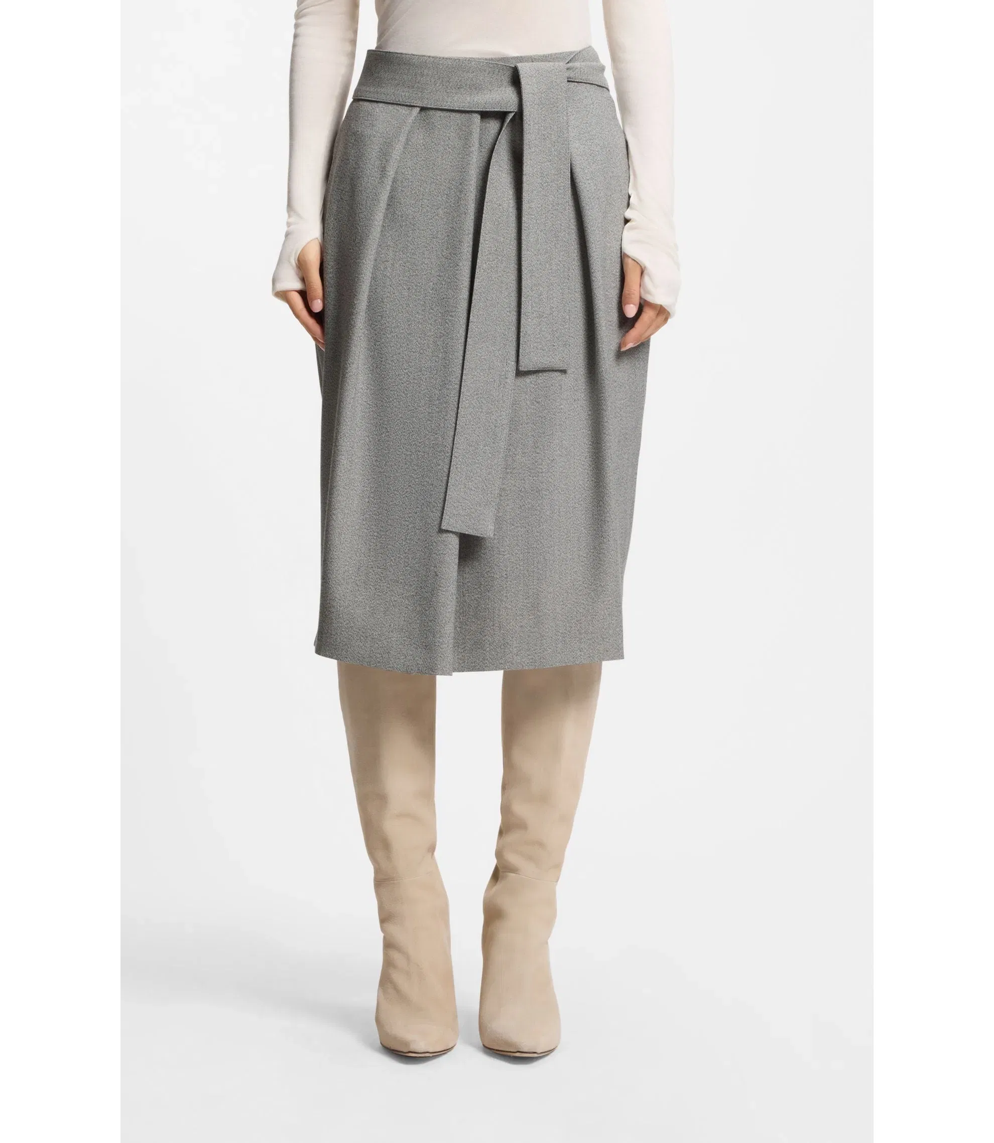 Boss Belted Skirt With Pleat Front Silver Women's