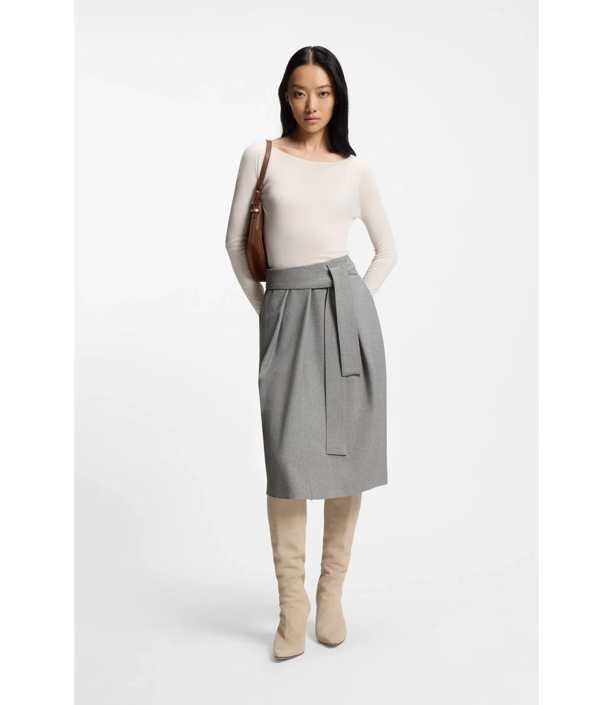 Boss Belted Skirt With Pleat Front Silver Women's
