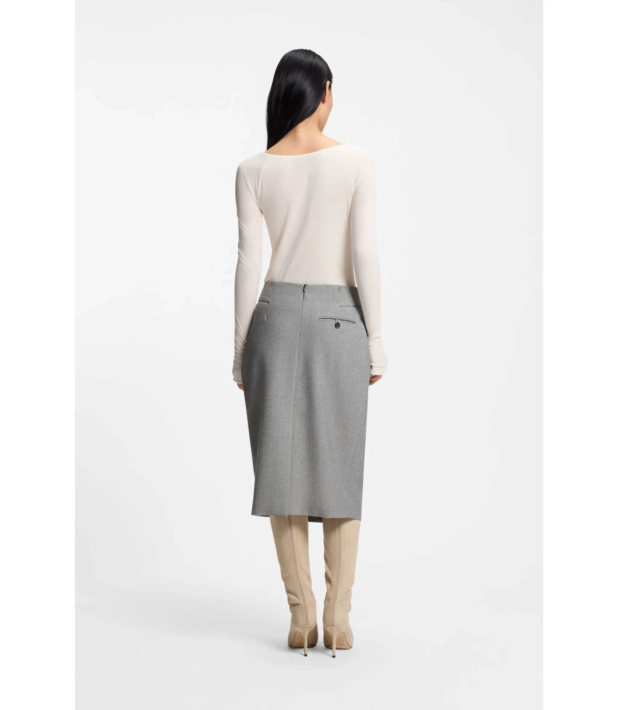 Boss Belted Skirt With Pleat Front Silver Women's
