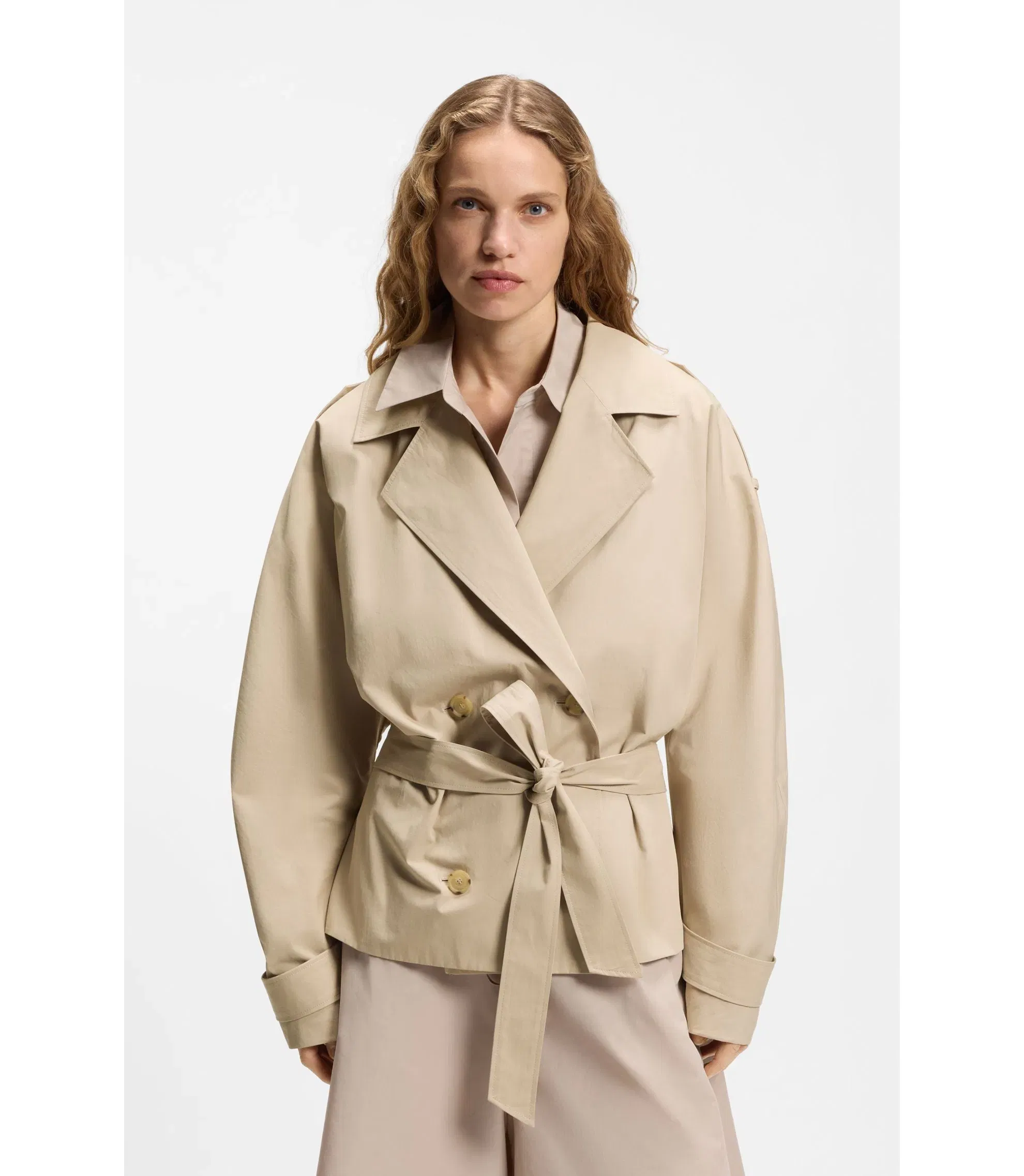 Boss Belted Short Coat In Cotton Poplin Light Beige Women's