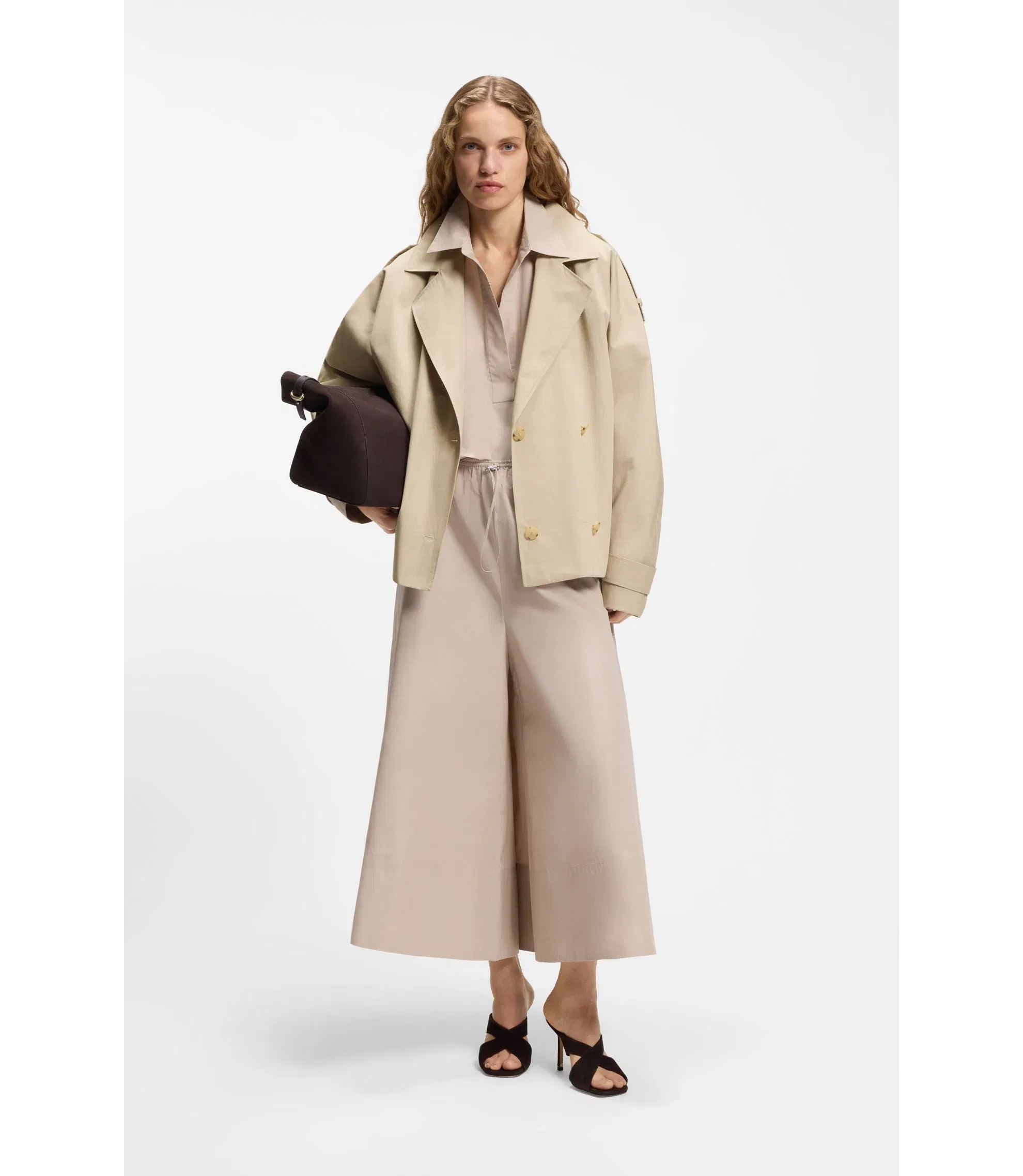 Boss Belted Short Coat In Cotton Poplin Light Beige Women's