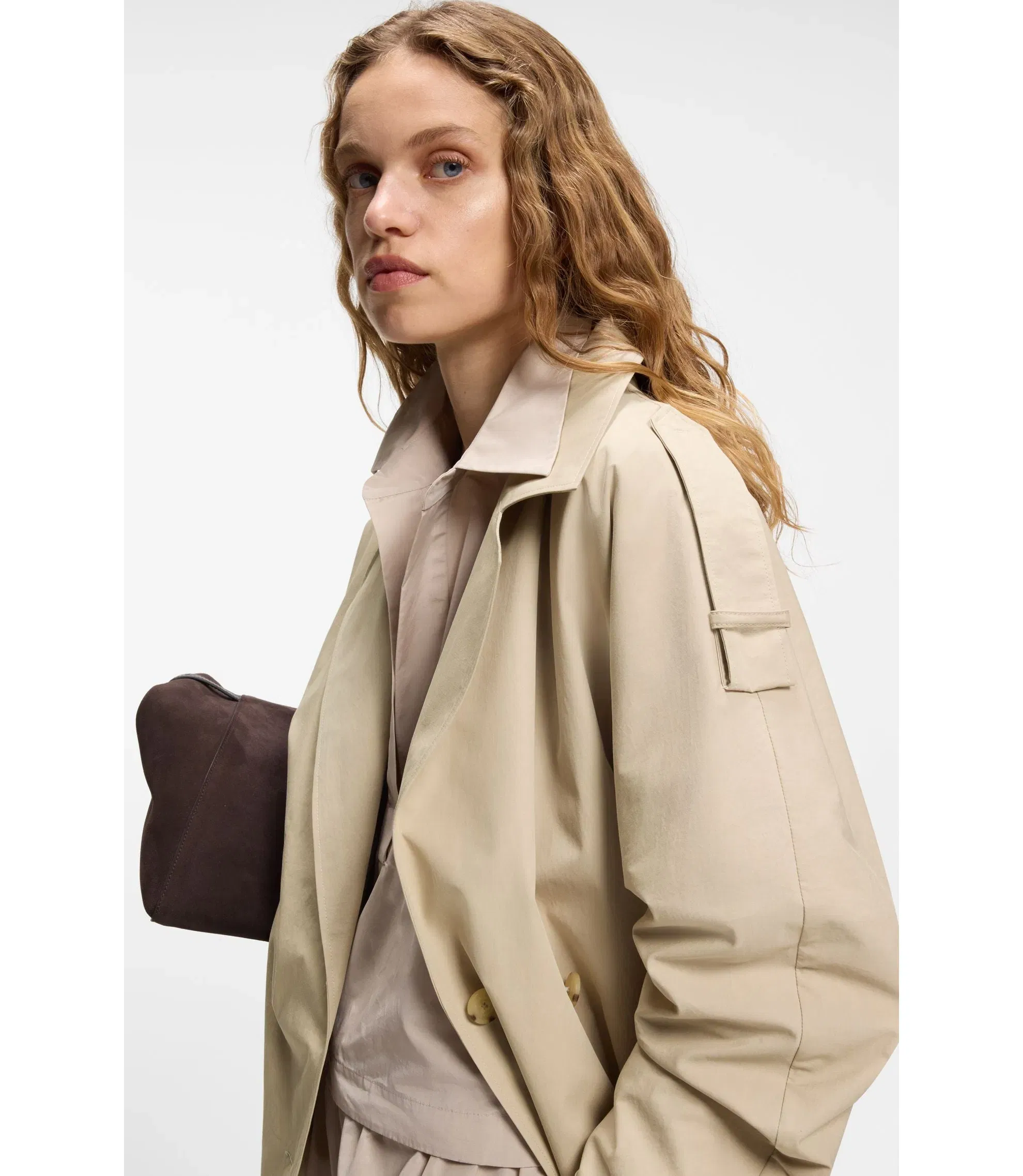 Boss Belted Short Coat In Cotton Poplin Light Beige Women's