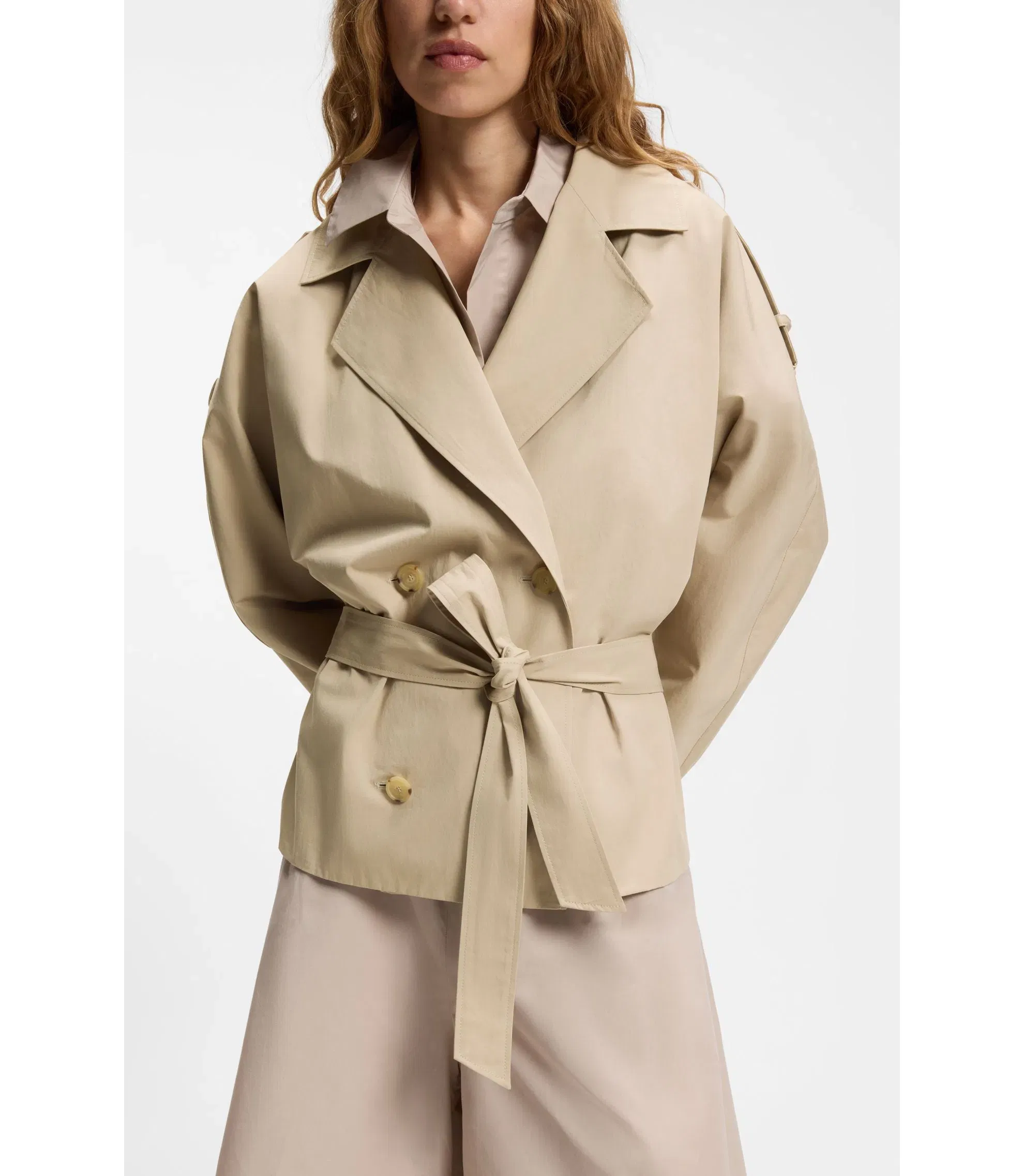Boss Belted Short Coat In Cotton Poplin Light Beige Women's