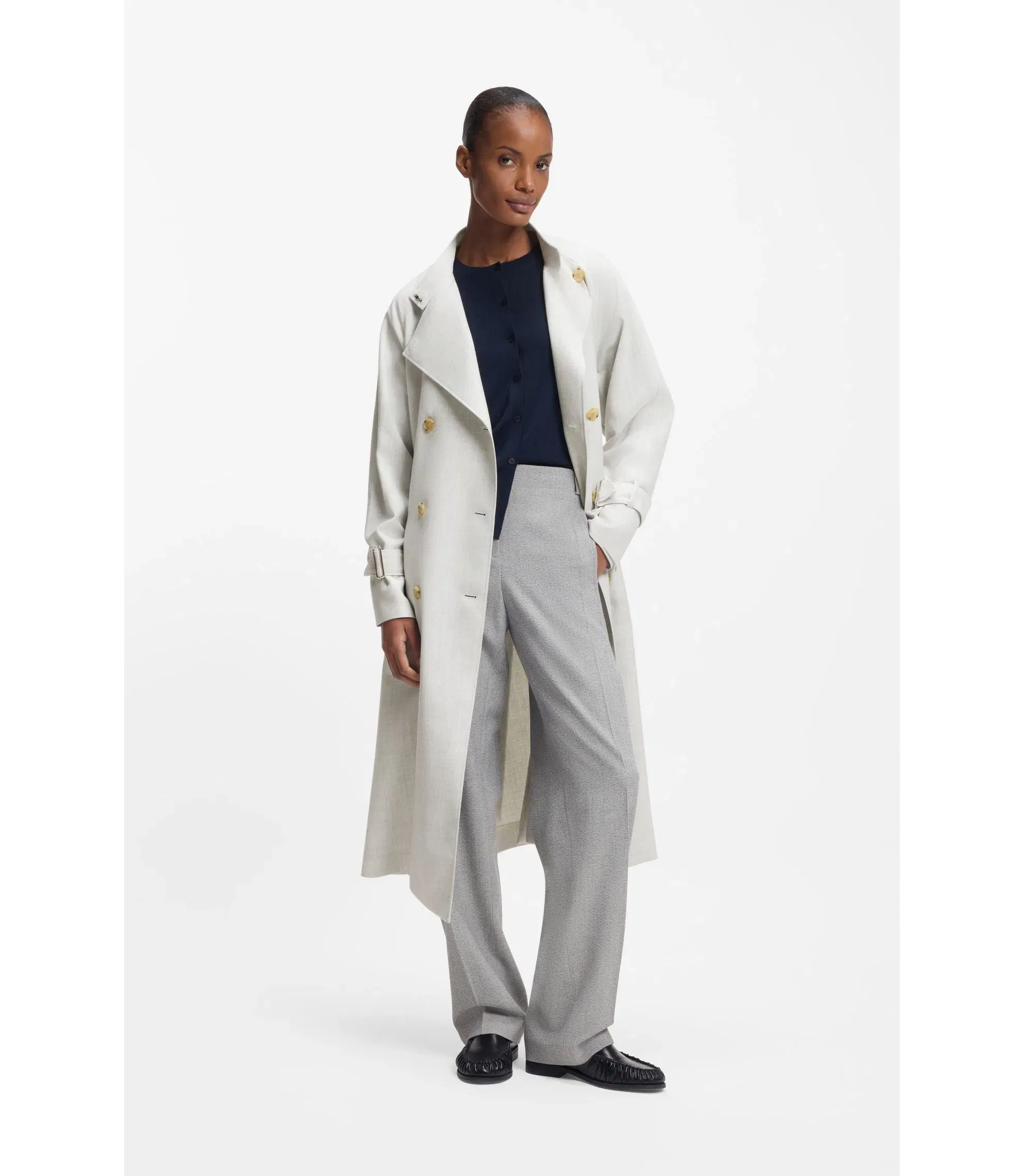Boss Belted Coat With Double Breasted Closure Silver Women's