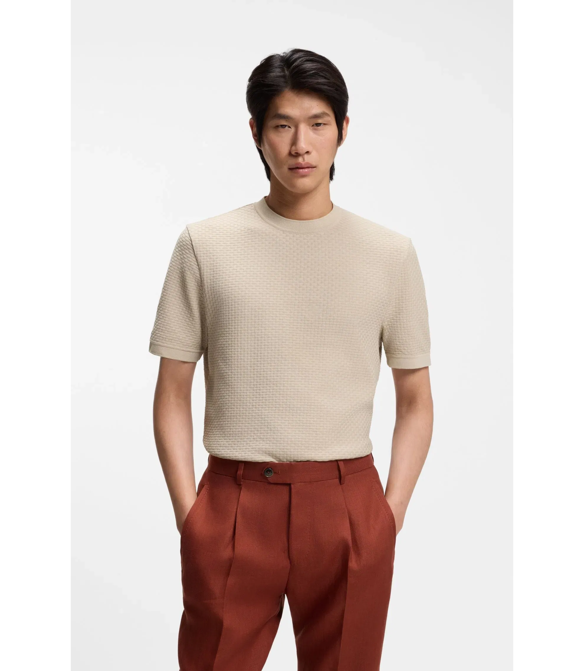 Boss Basket Weave T-Shirt In Mercerised Cotton Khaki